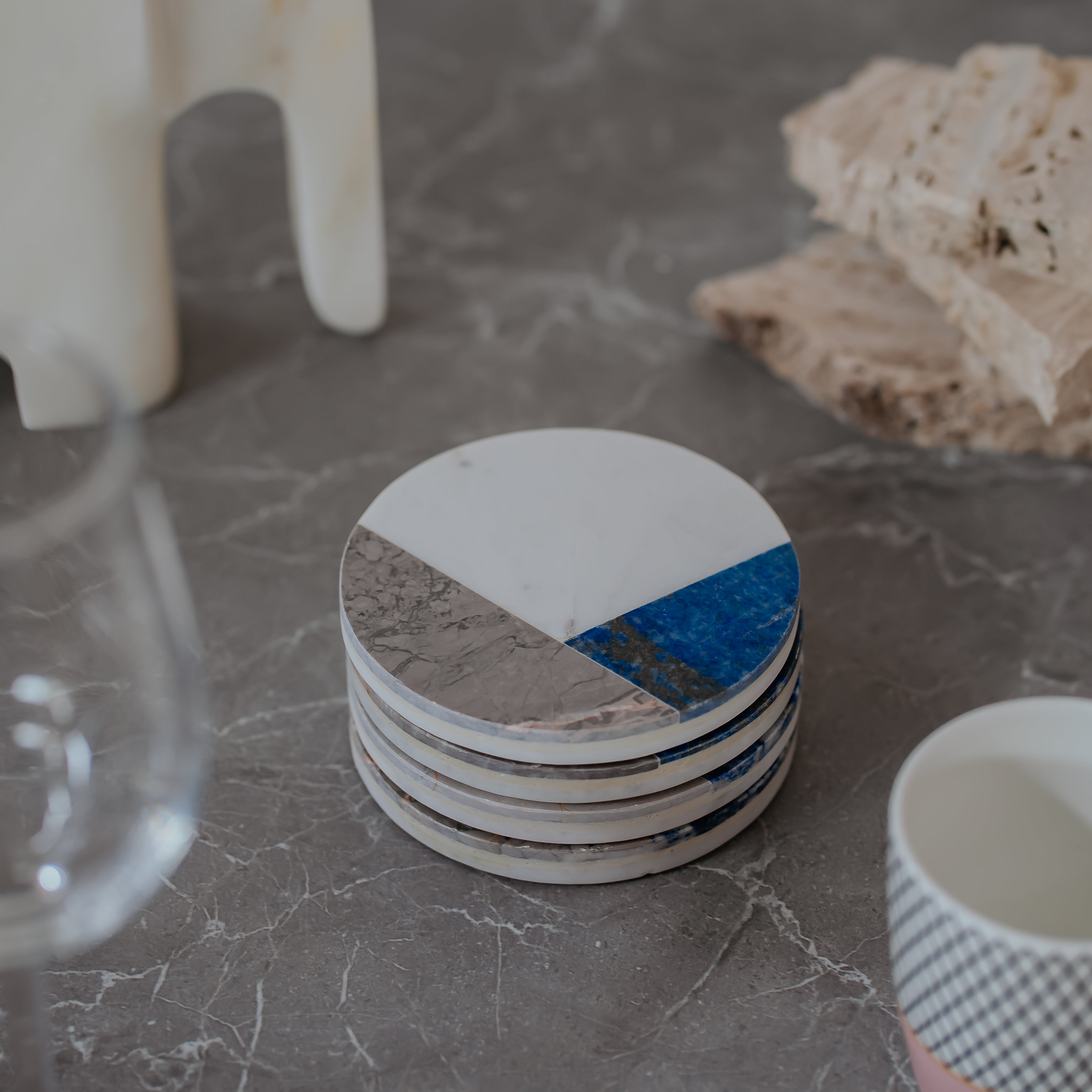 Luxury Marble Stone Inlay Coasters Set of 4 | Handcrafted White Marble with Blue, Brown & Beige Stone Accents