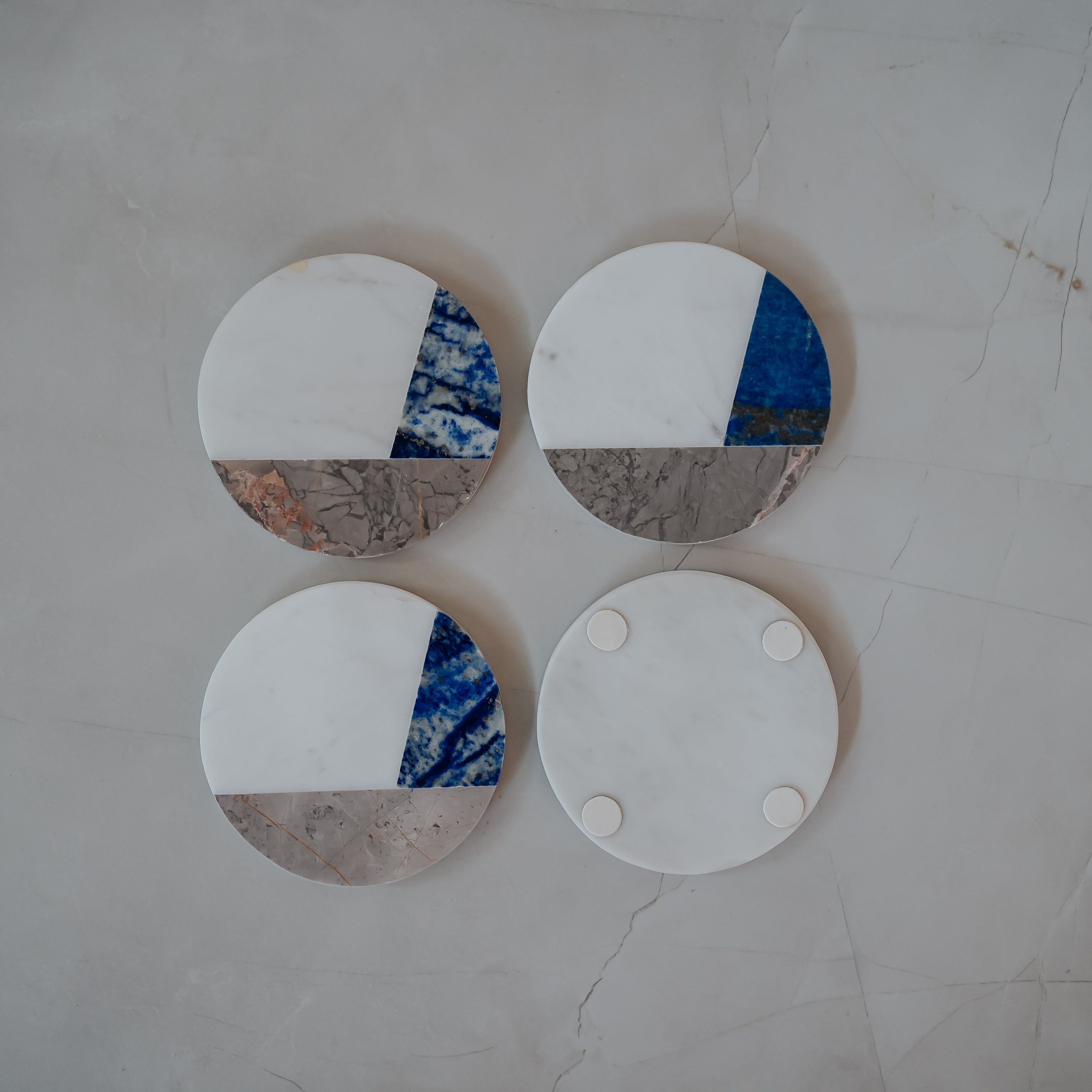 Luxury Marble Stone Inlay Coasters Set of 4 | Handcrafted White Marble with Blue, Brown & Beige Stone Accents