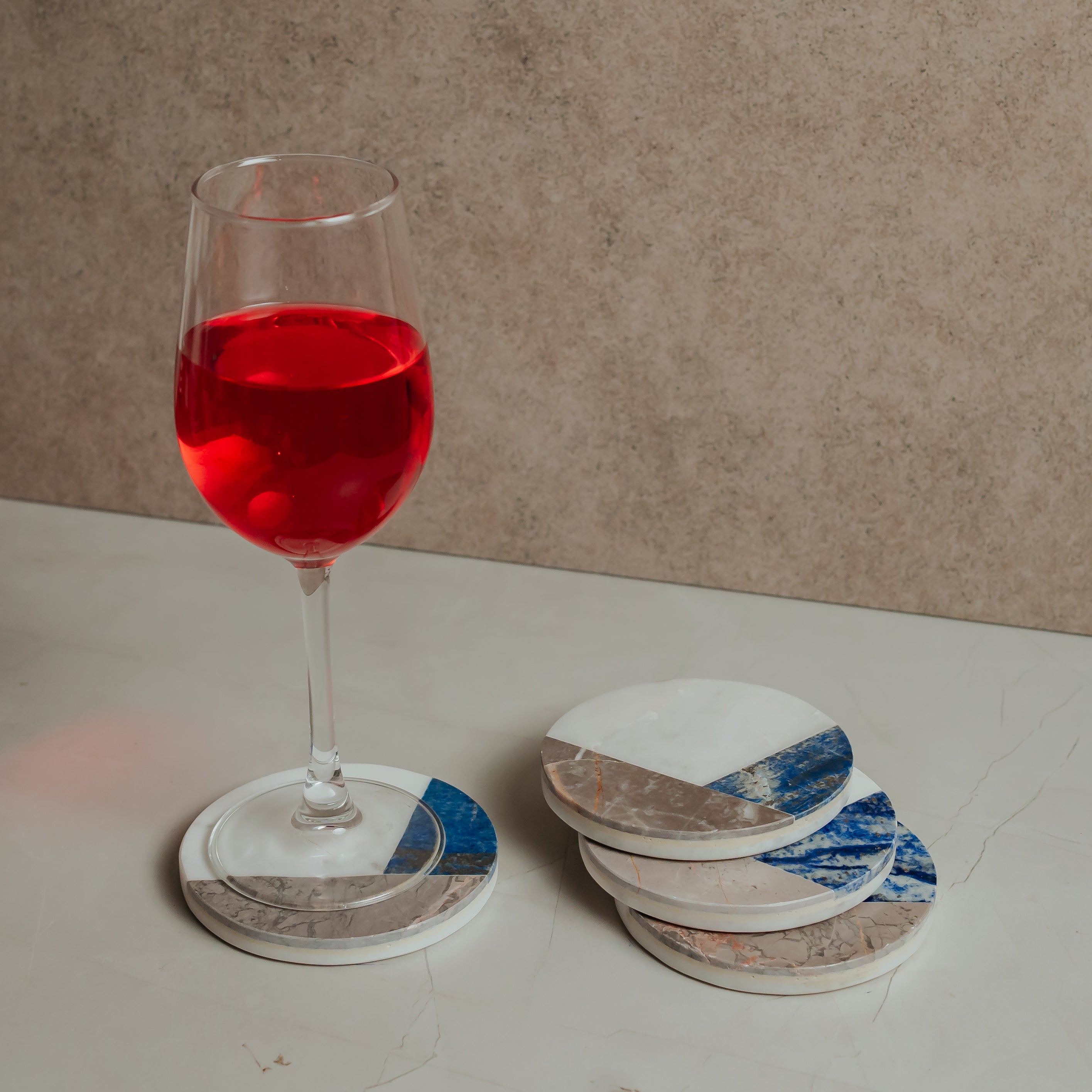 Luxury Marble Stone Inlay Coasters Set of 4 | Handcrafted White Marble with Blue, Brown & Beige Stone Accents