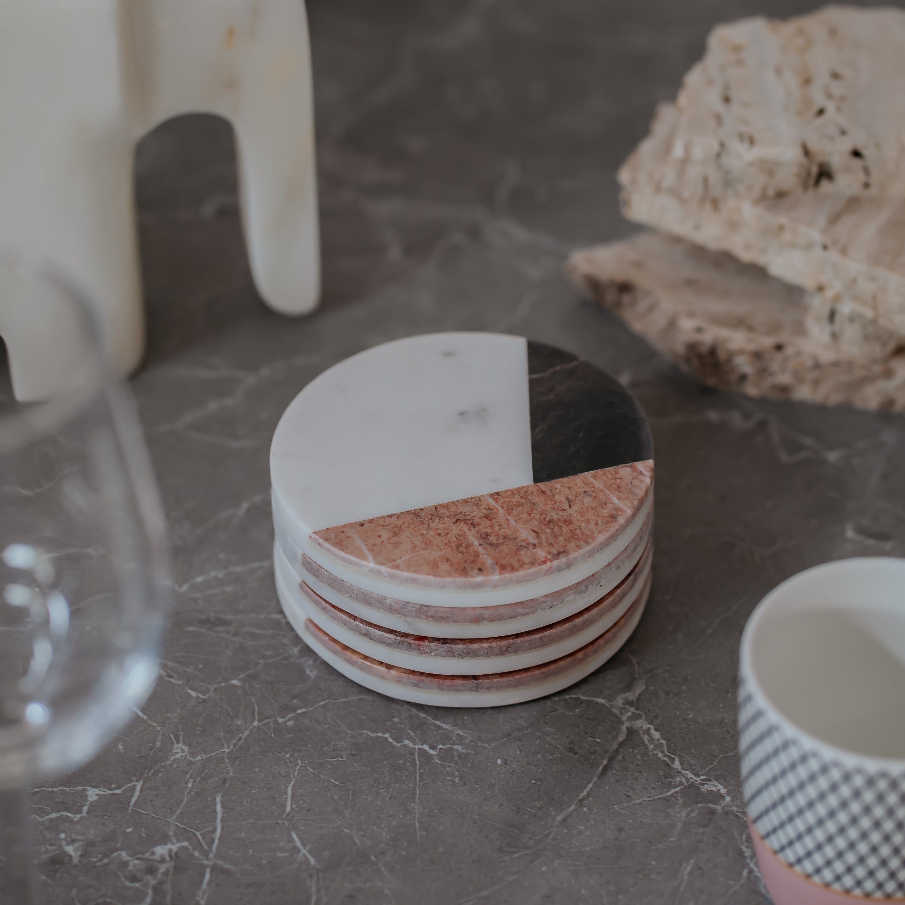 Luxury Marble Stone Inlay Coasters Set of 4 | Handcrafted White Marble with Blue, Brown & Beige Stone Accents