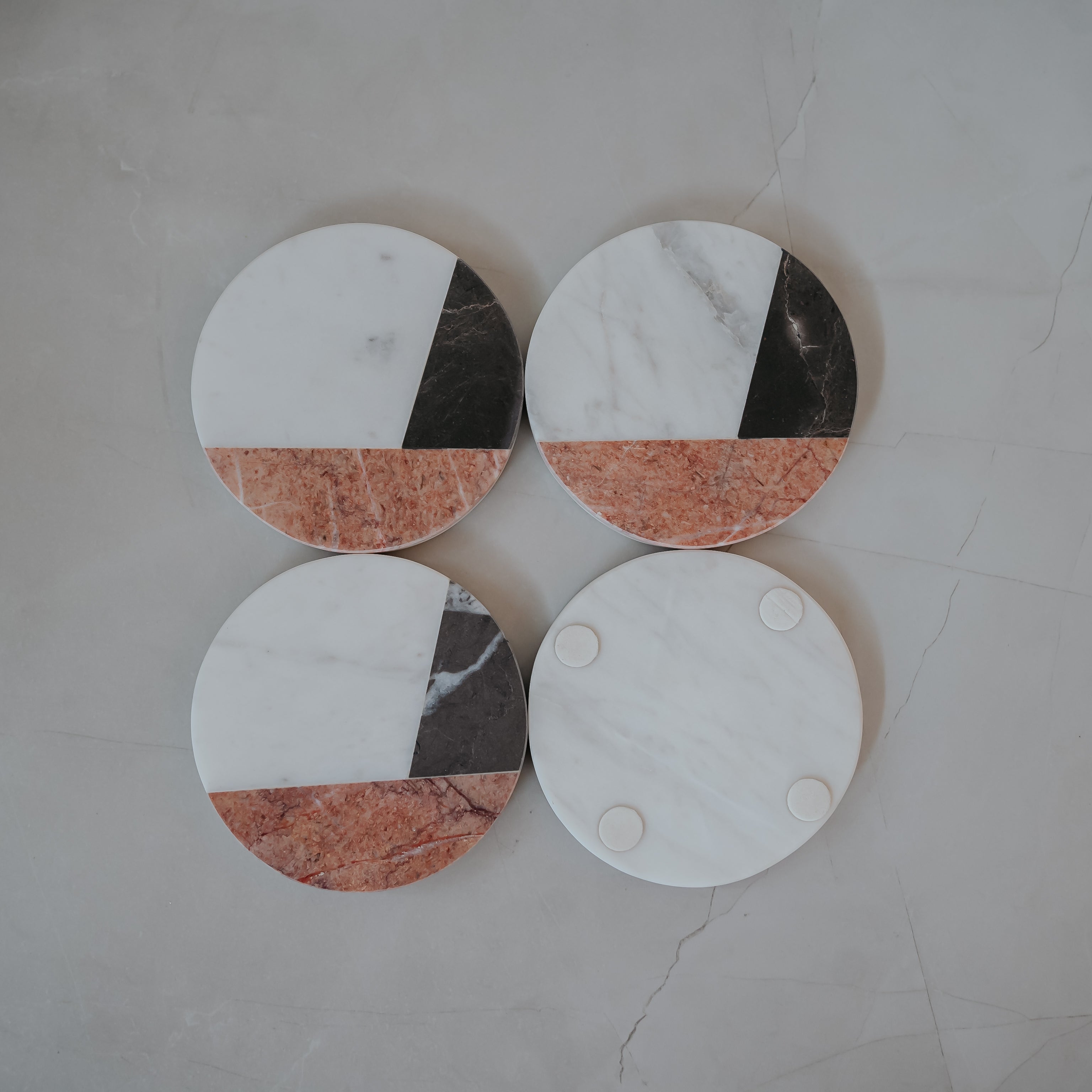 Luxury Marble Stone Inlay Coasters Set of 4 | Handcrafted White Marble with Blue, Brown & Beige Stone Accents