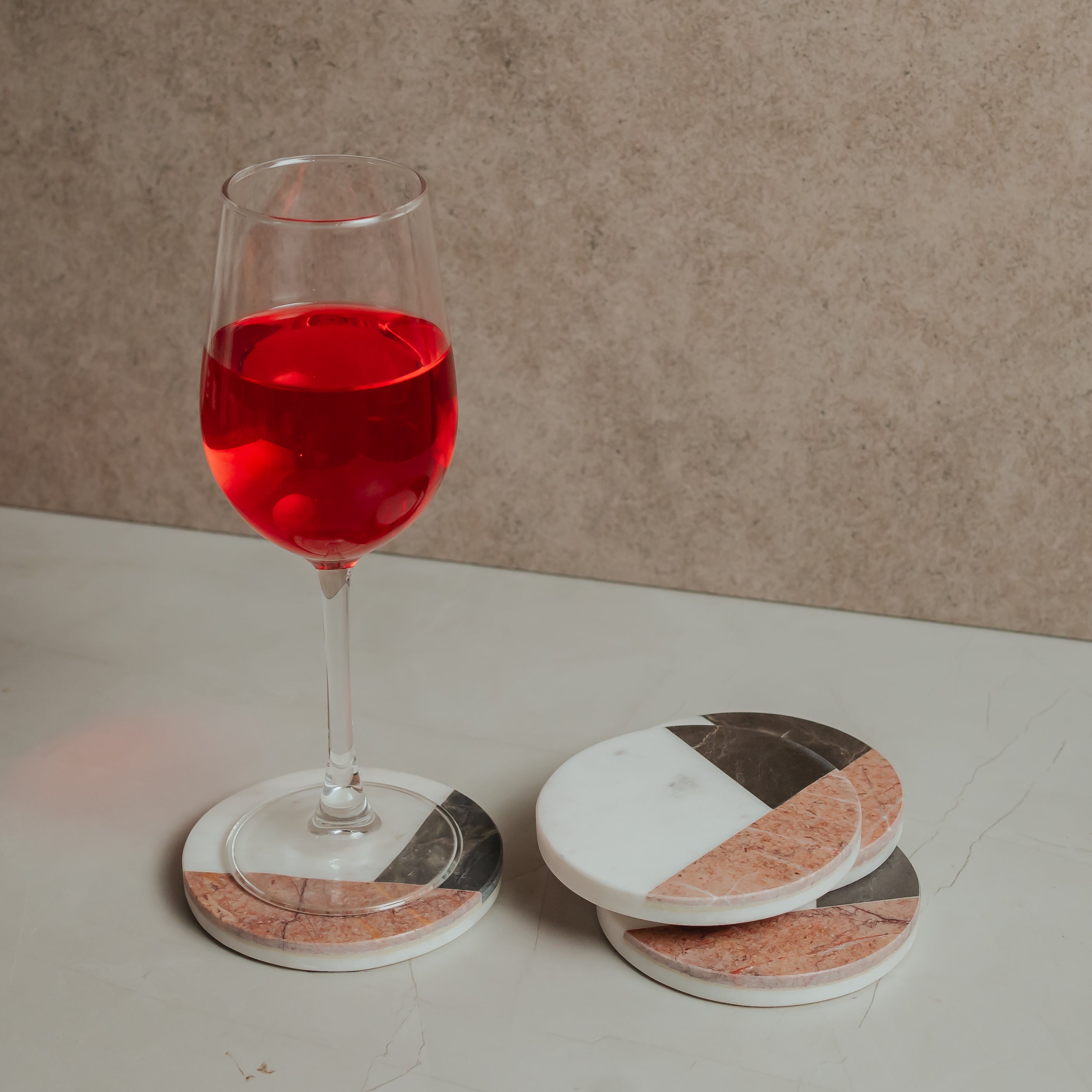 Luxury Marble Stone Inlay Coasters Set of 4 | Handcrafted White Marble with Blue, Brown & Beige Stone Accents