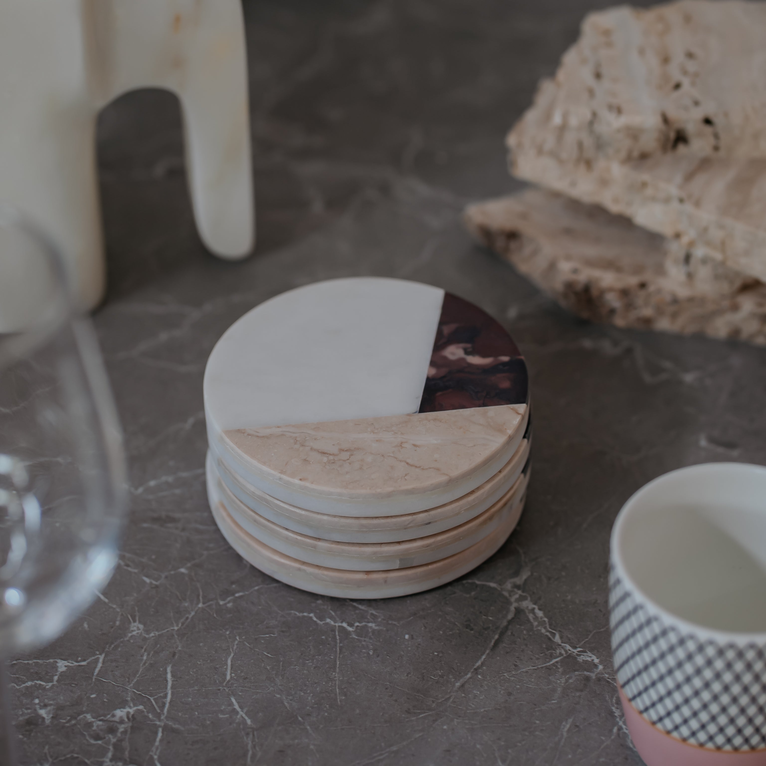 Luxury Marble Stone Inlay Coasters Set of 4 | Handcrafted White Marble with Blue, Brown & Beige Stone Accents