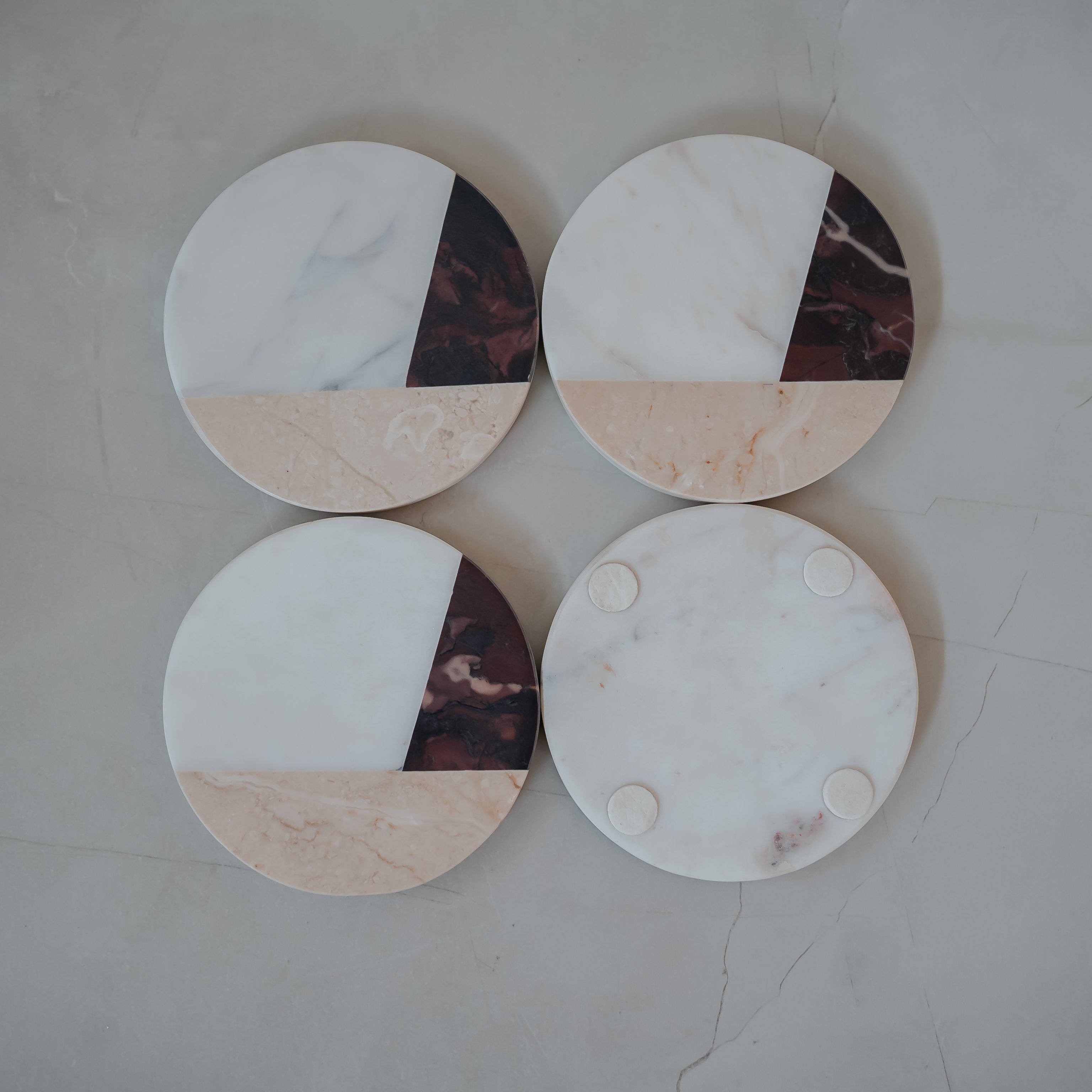 Luxury Marble Stone Inlay Coasters Set of 4 | Handcrafted White Marble with Blue, Brown & Beige Stone Accents