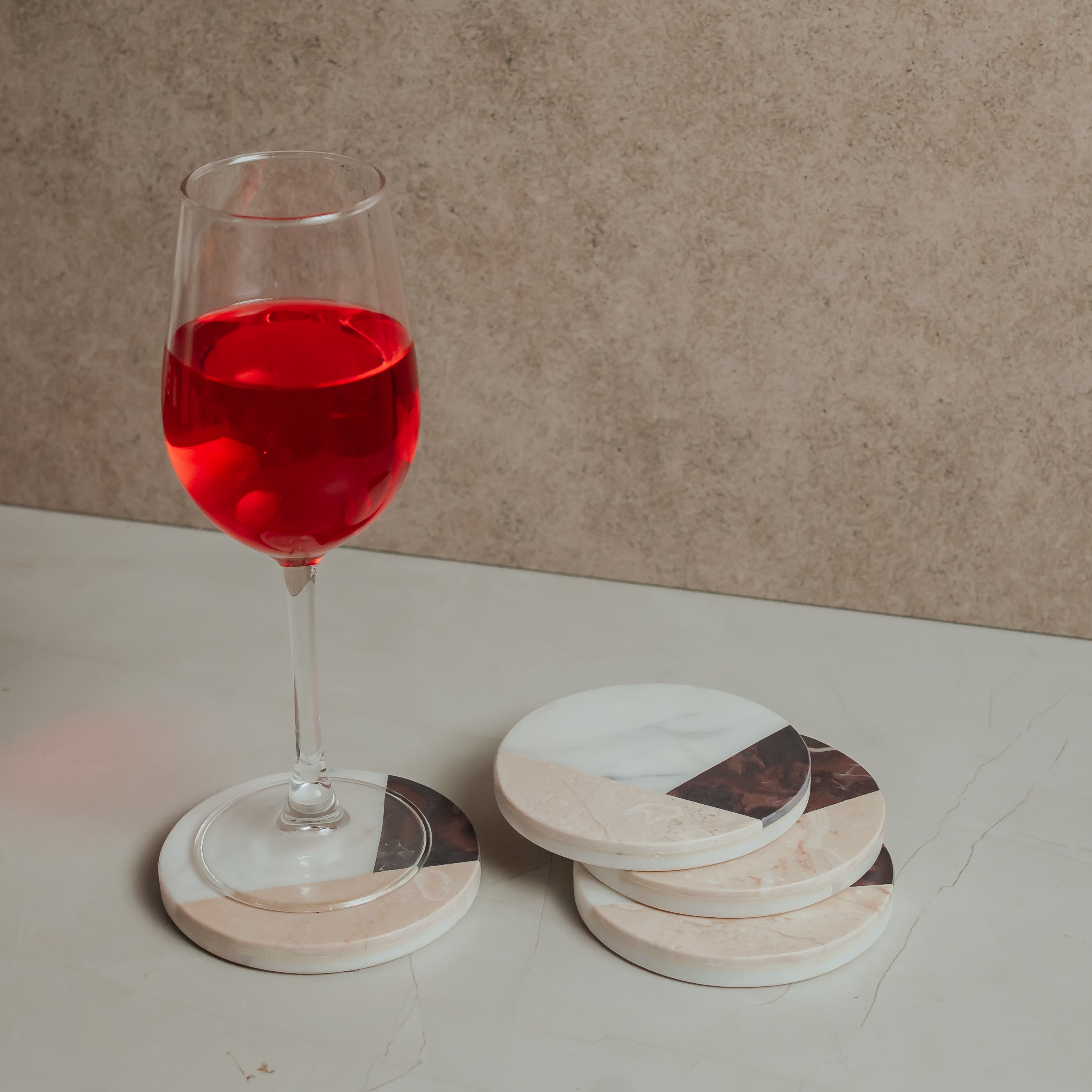 Luxury Marble Stone Inlay Coasters Set of 4 | Handcrafted White Marble with Blue, Brown & Beige Stone Accents