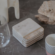 Luxury White Marble Coasters Set of 4 | Brass Inlay Square Design | Premium Table Décor