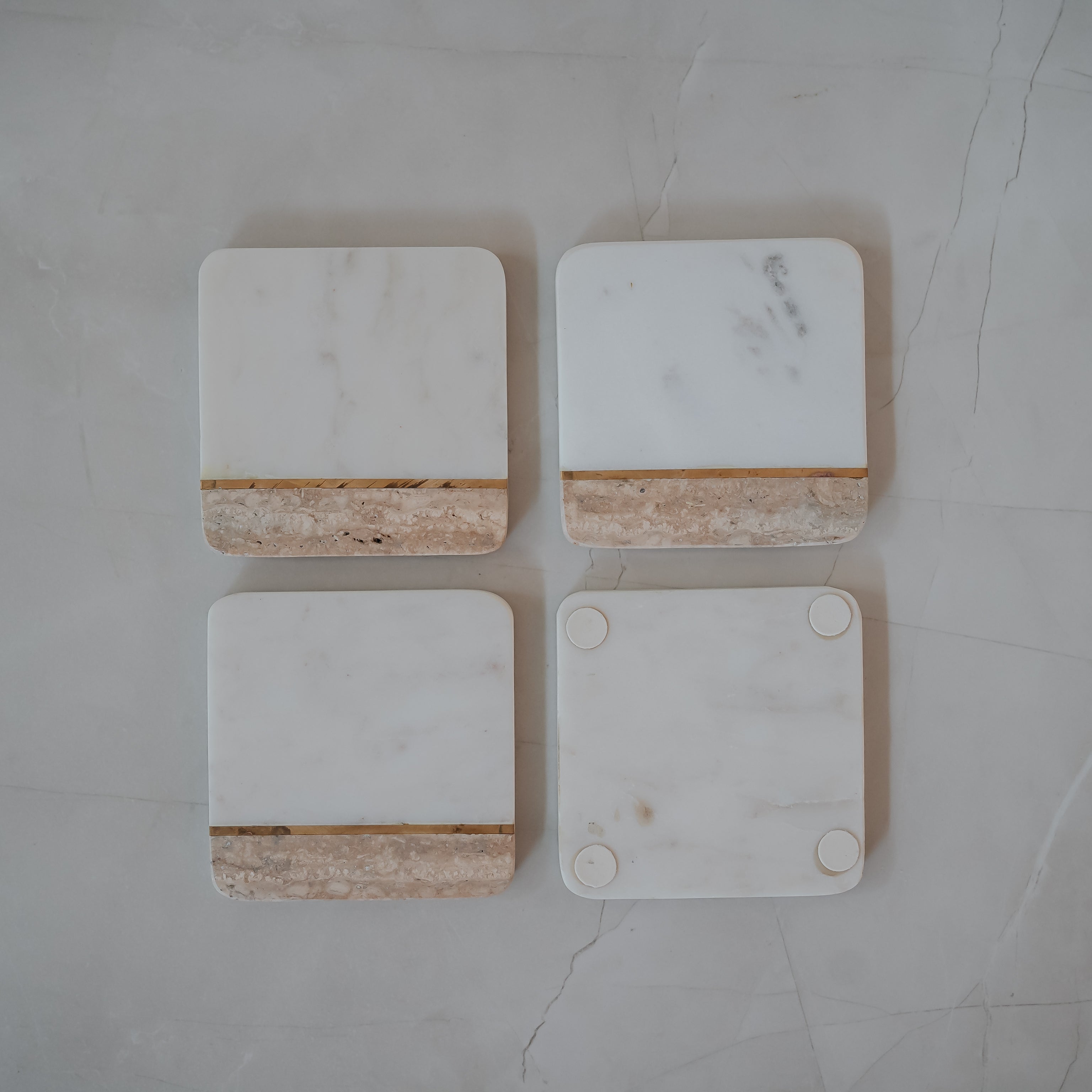 Luxury White Marble Coasters Set of 4 | Brass Inlay Square Design | Premium Table Décor