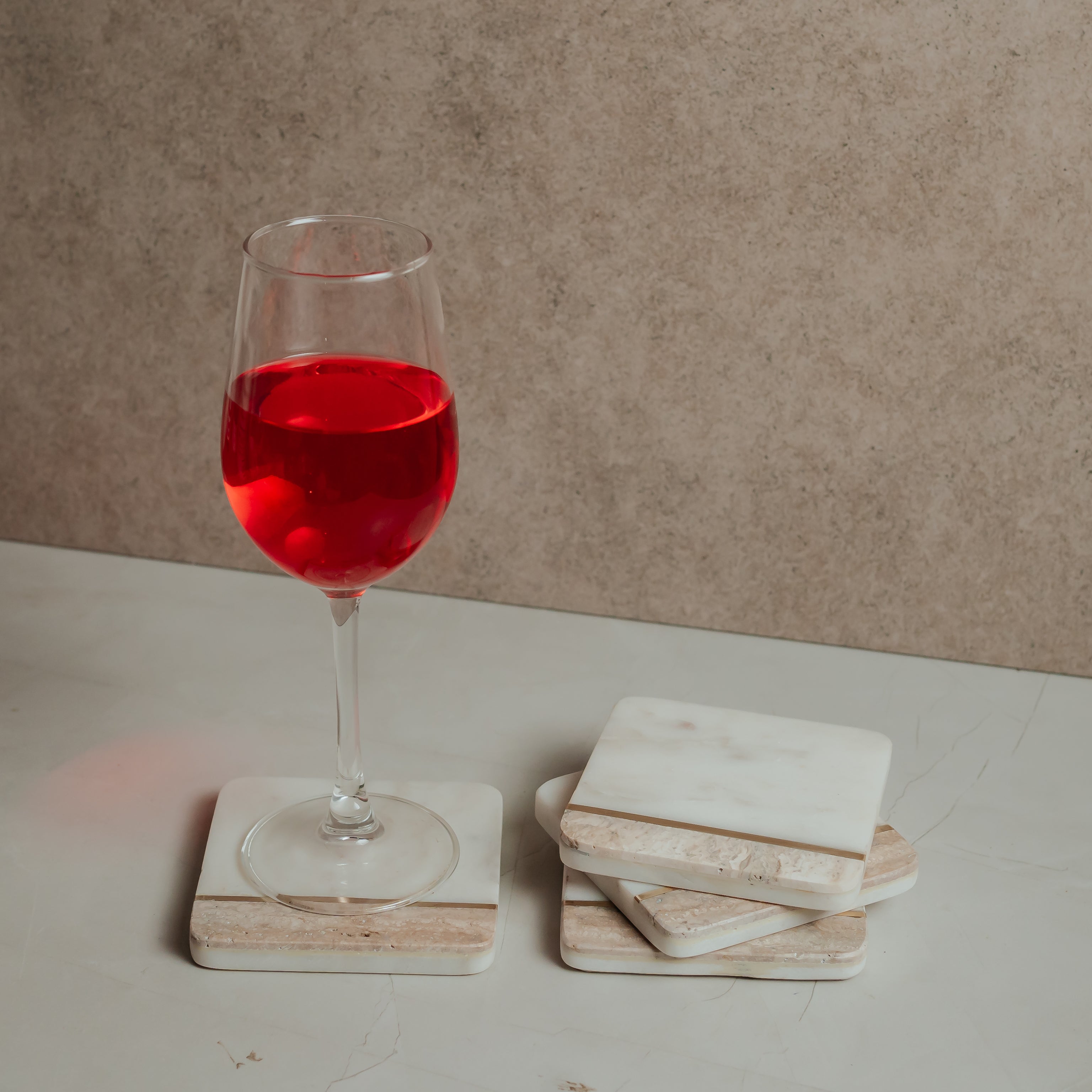 Luxury White Marble Coasters Set of 4 | Brass Inlay Square Design | Premium Table Décor