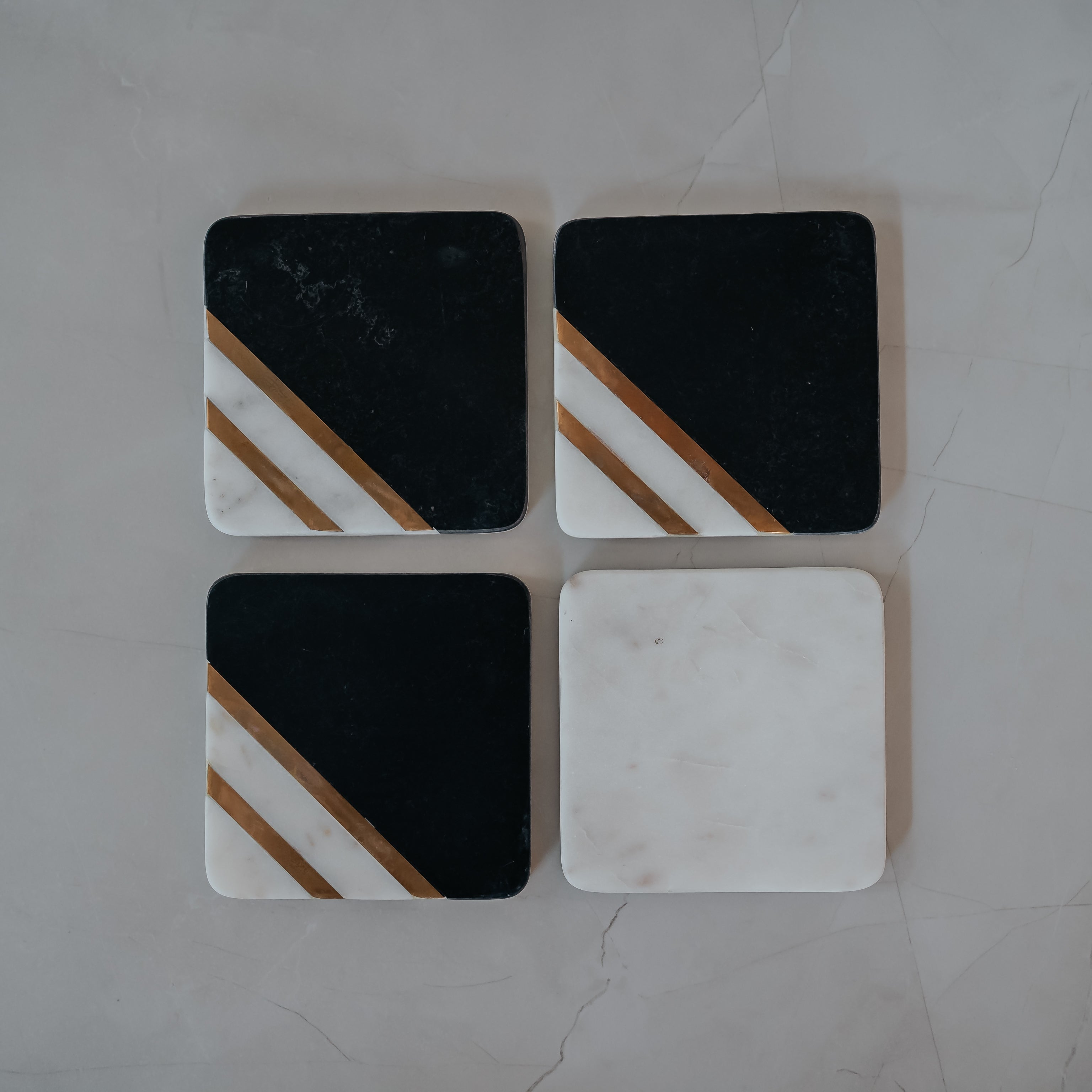 Luxury White Marble Coasters with Brass Inlay | Set of 4 Square Coasters for Home Decor