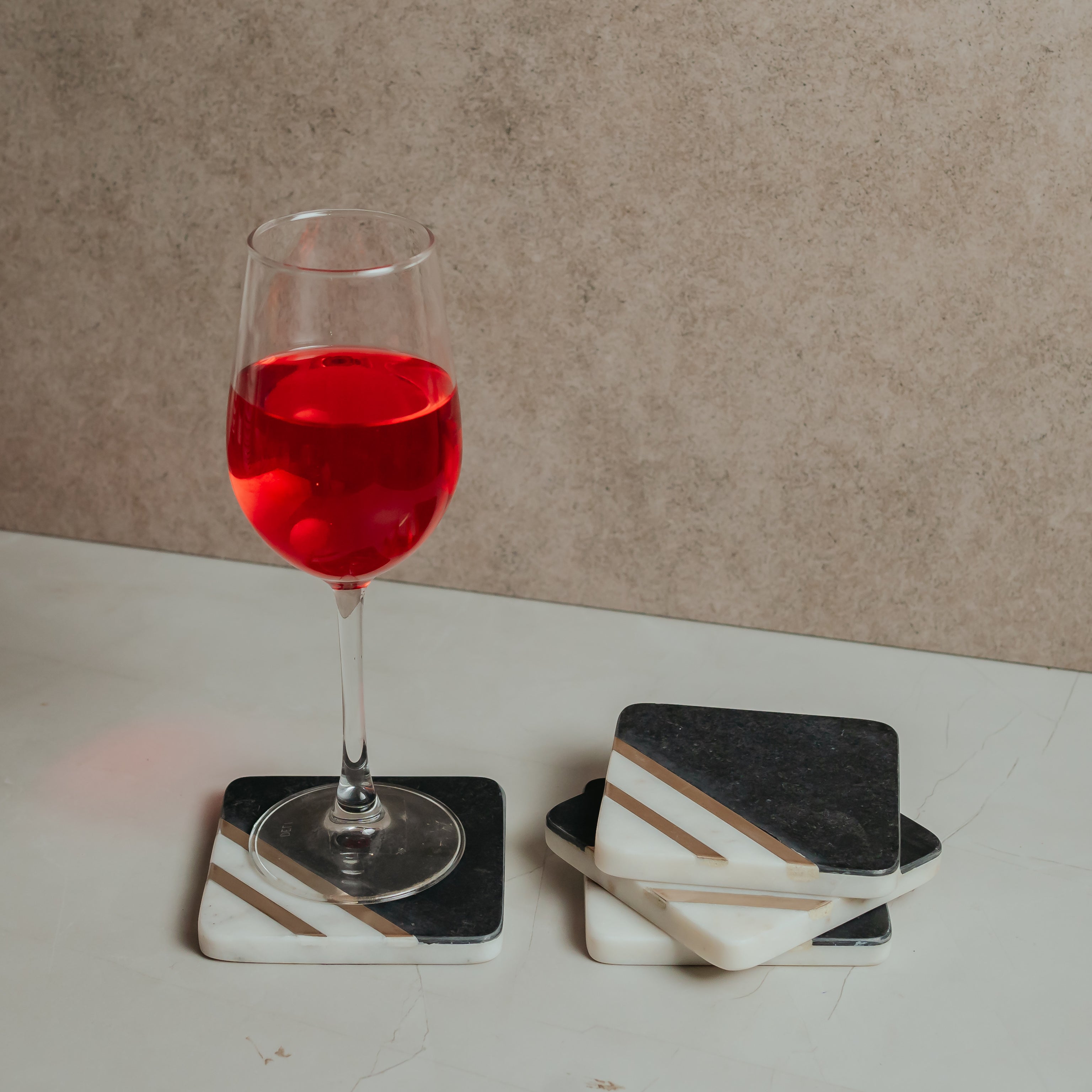 Luxury White Marble Coasters with Brass Inlay | Set of 4 Square Coasters for Home Decor