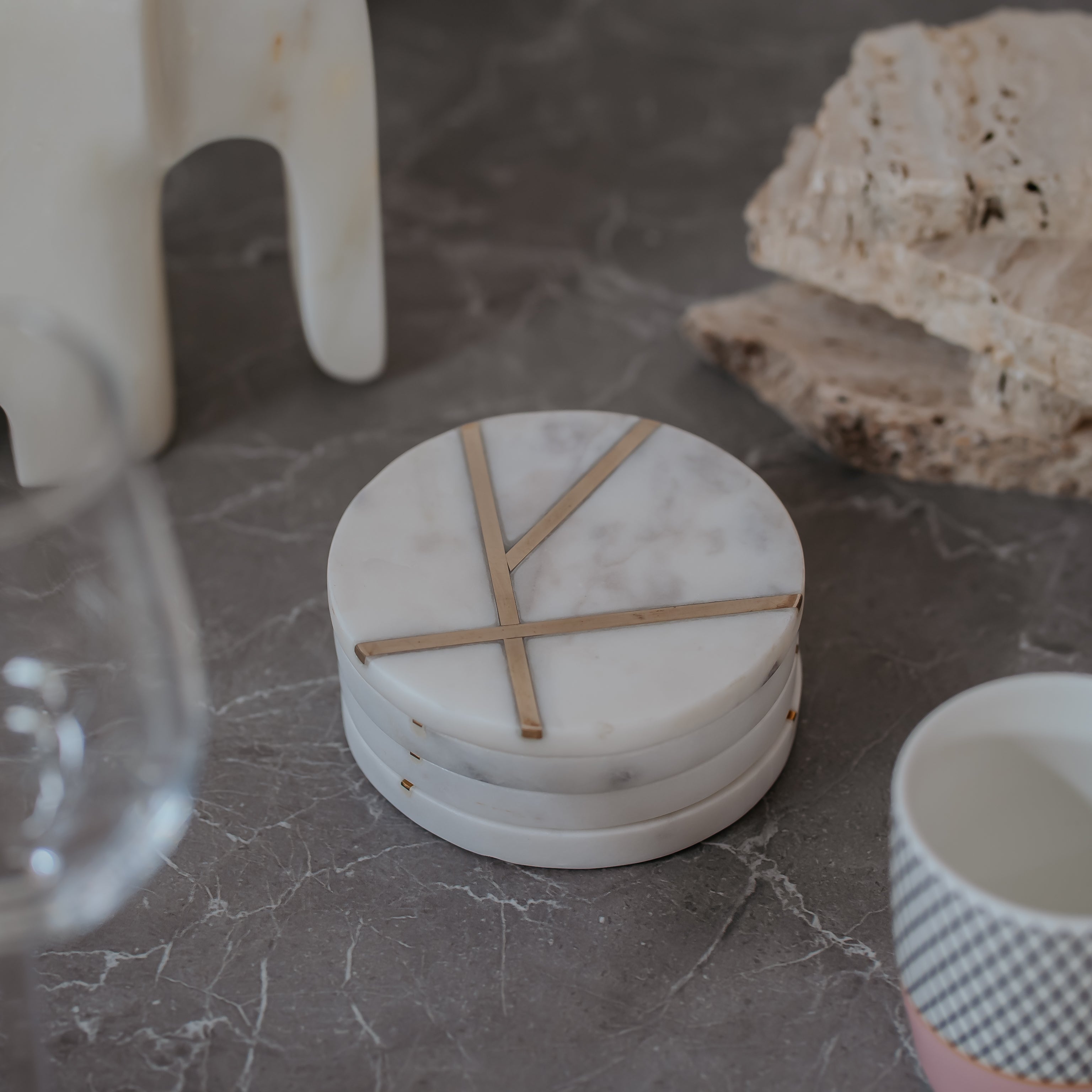 Premium Round White Marble Coasters with Brass Inlay | Set of 4 Elegant Home Decor