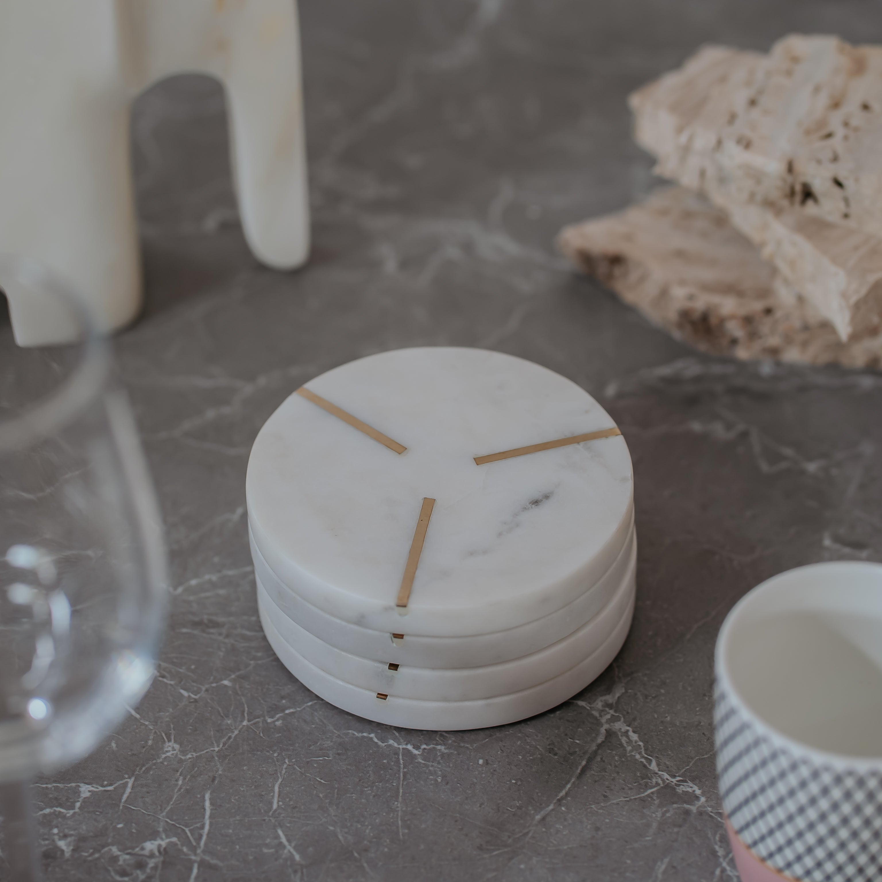 Premium Marble Coasters with Brass Inlay - Set of 4 | Elegant Table Decor