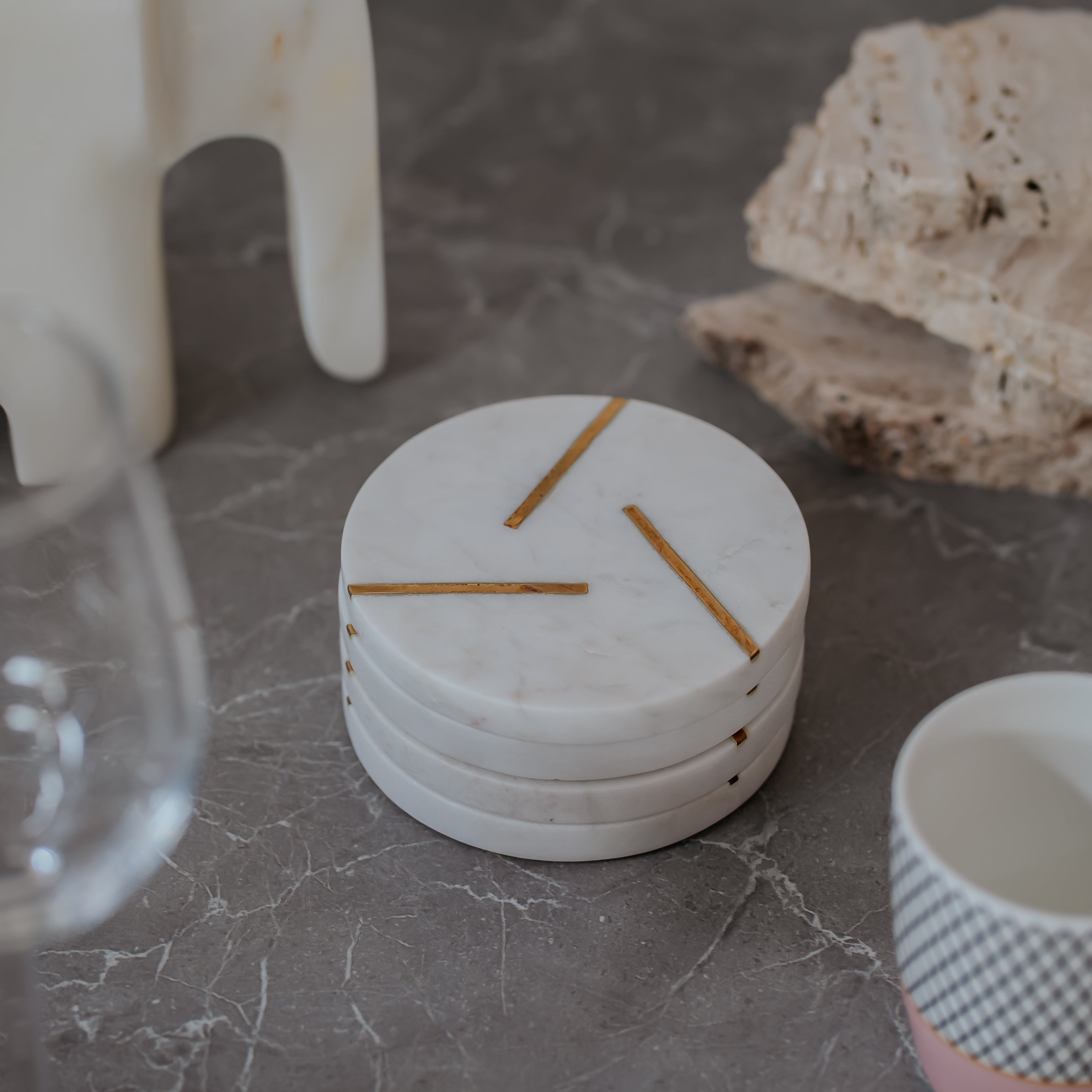 Premium White Marble Coasters with Gold Brass Inlay | Set of 4 | Elegant Table Décor