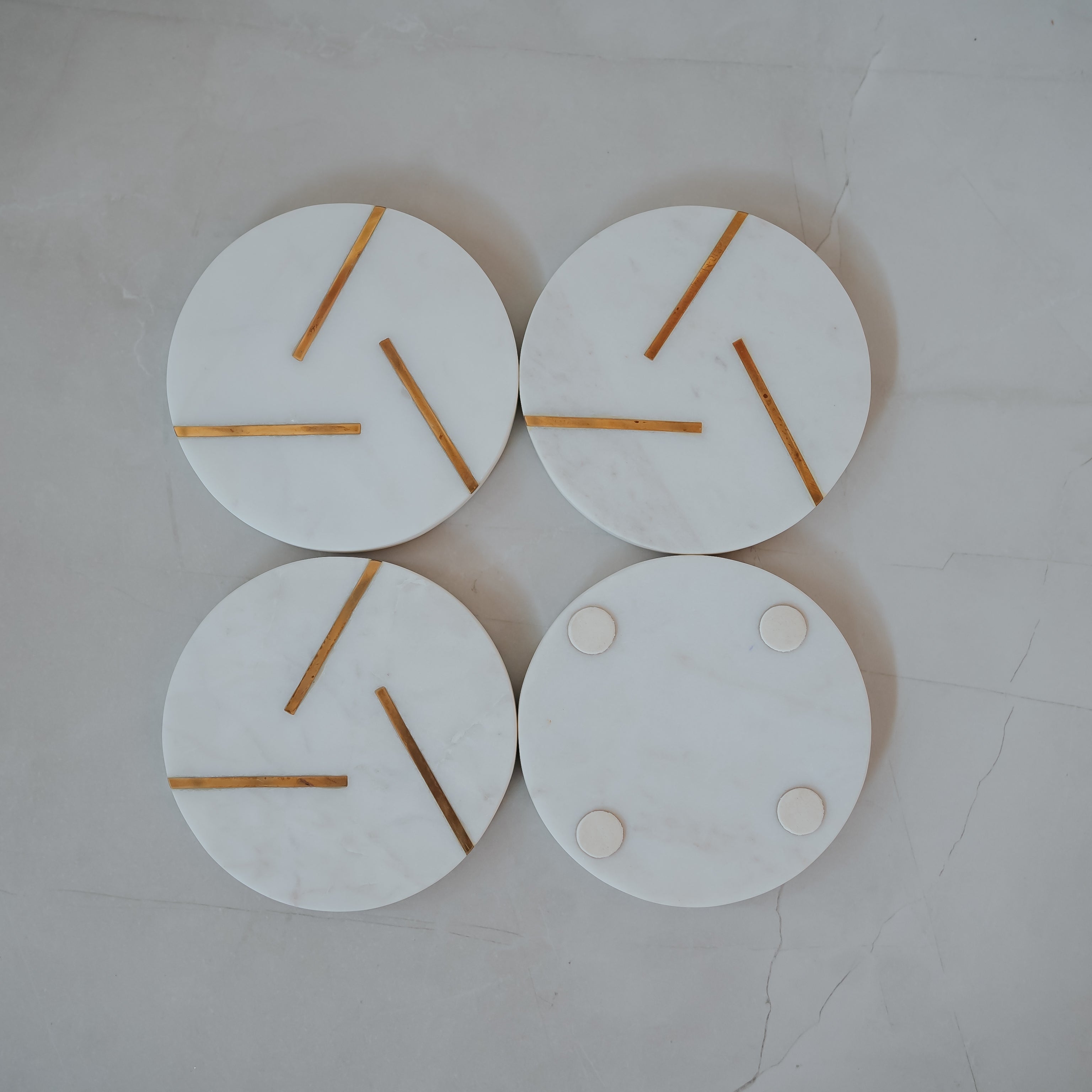 Premium White Marble Coasters with Gold Brass Inlay | Set of 4 | Elegant Table Décor