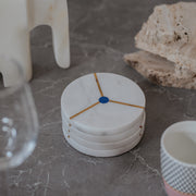 Artisan White Marble Coasters with Brass & Stone Inlay | Set of 4 | Modern Home Accent