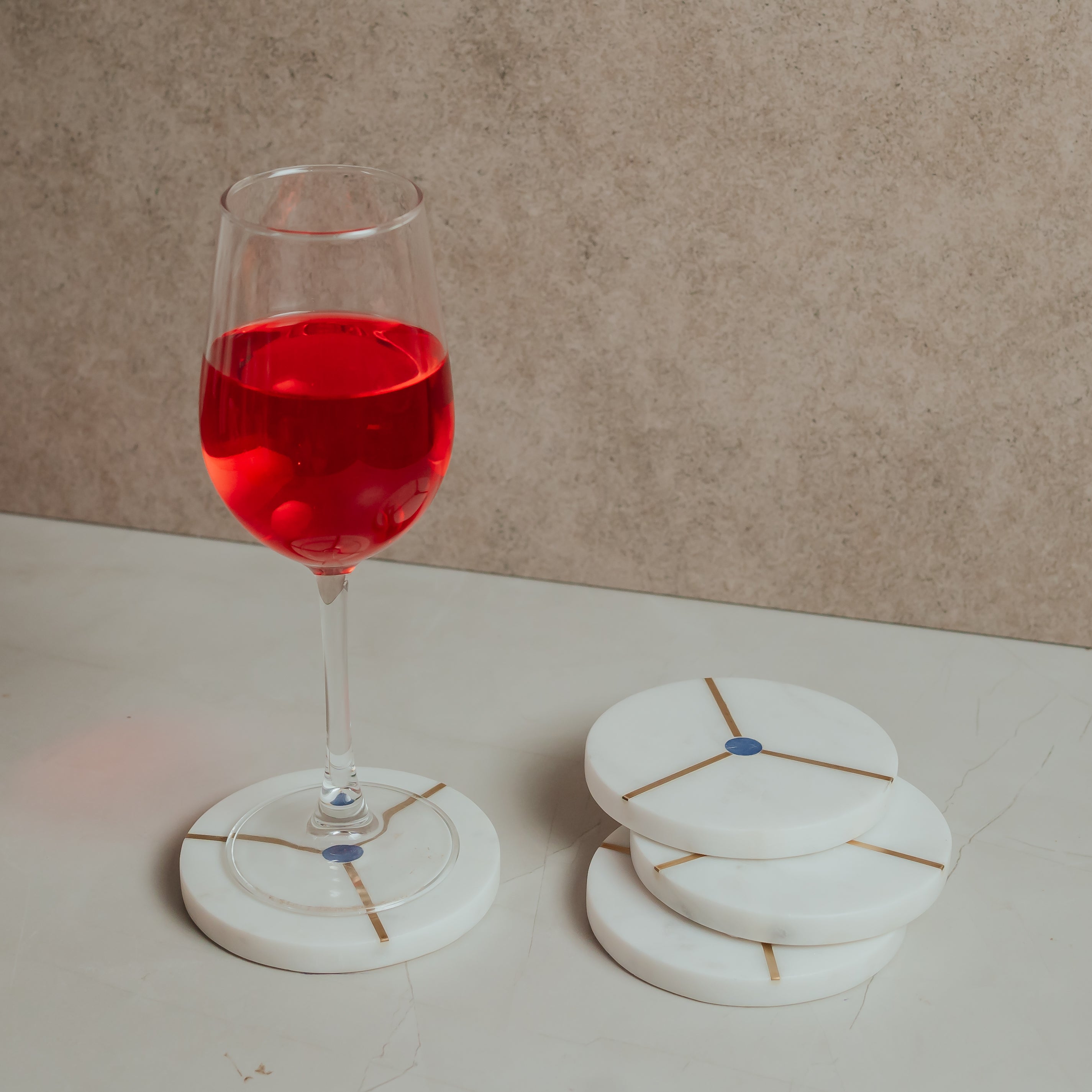 Artisan White Marble Coasters with Brass & Stone Inlay | Set of 4 | Modern Home Accent