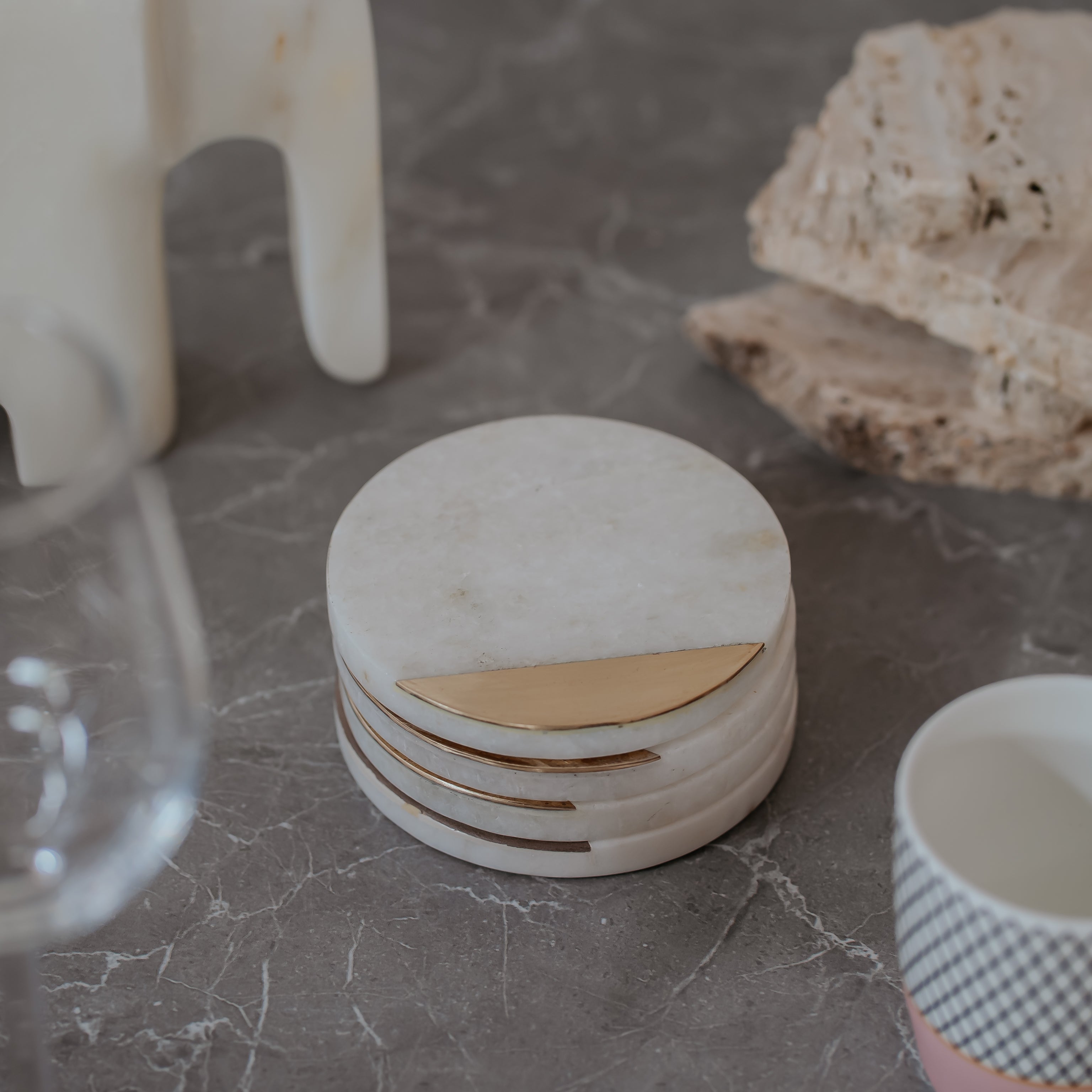 Signature White Marble Coasters with Gold Brass Inlay | Set of 4 | Timeless Elegance