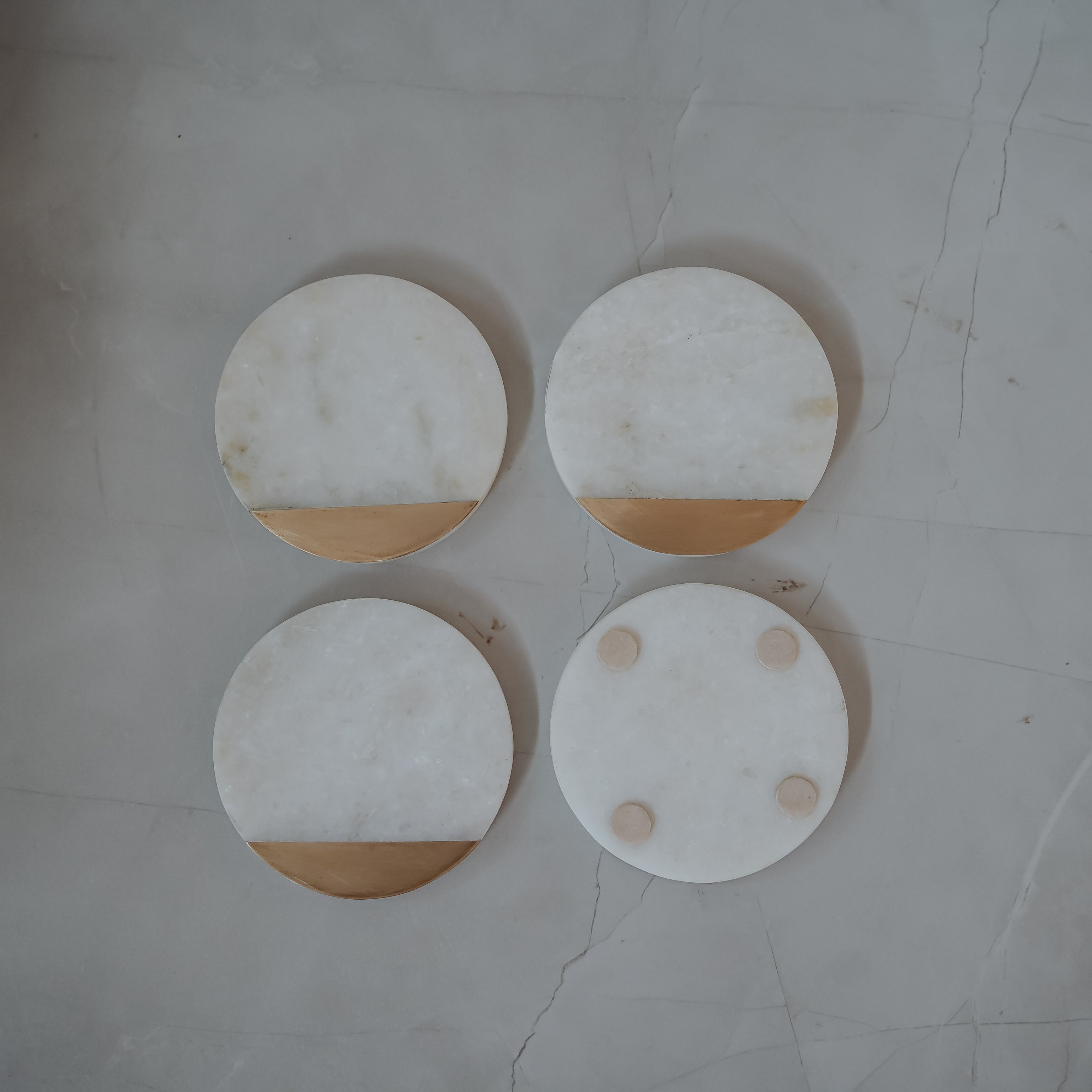 Signature White Marble Coasters with Gold Brass Inlay | Set of 4 | Timeless Elegance