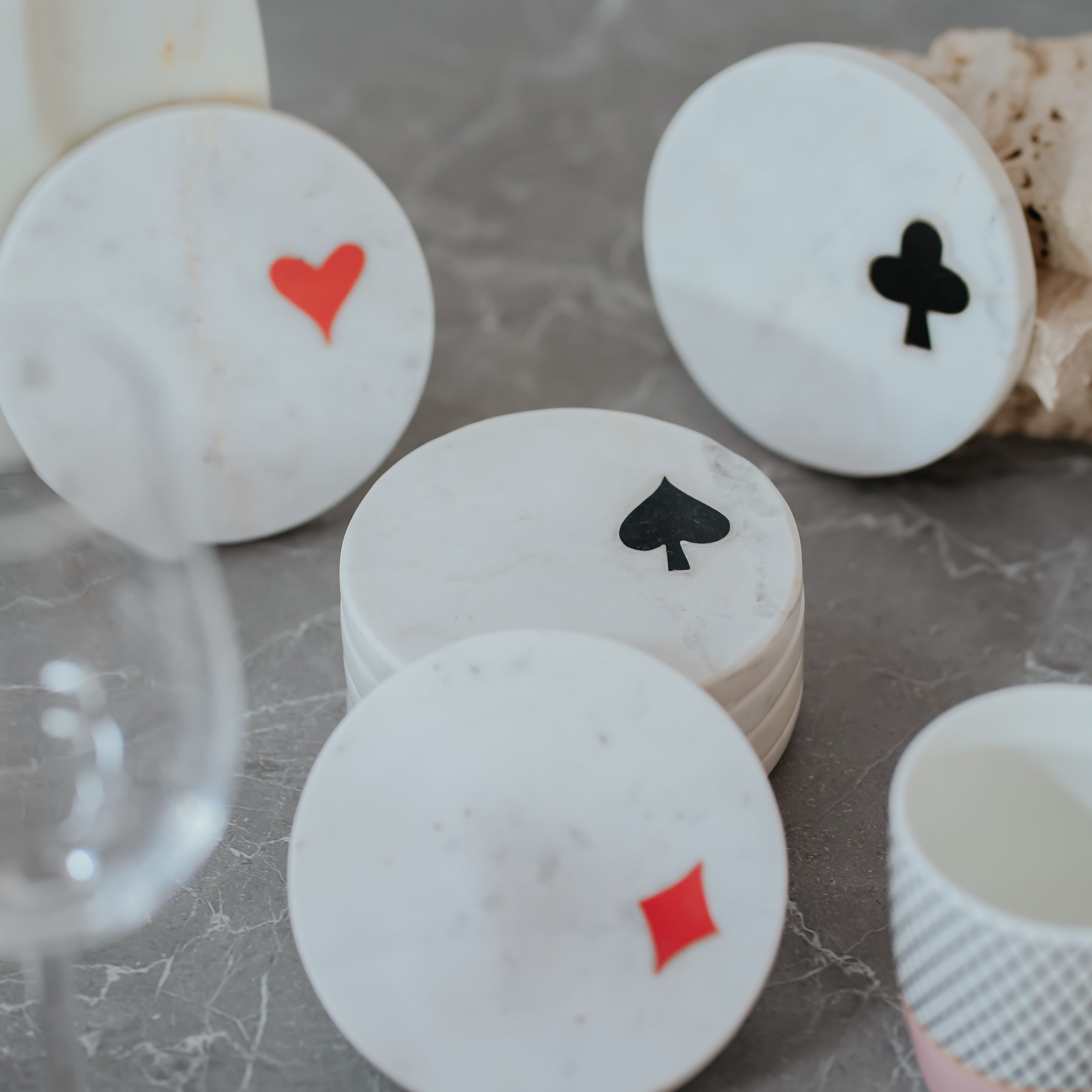 Exclusive Poker Coasters Set with Card Suit Inlay | White Marble | Set of 4 | Game Room Must-Have
