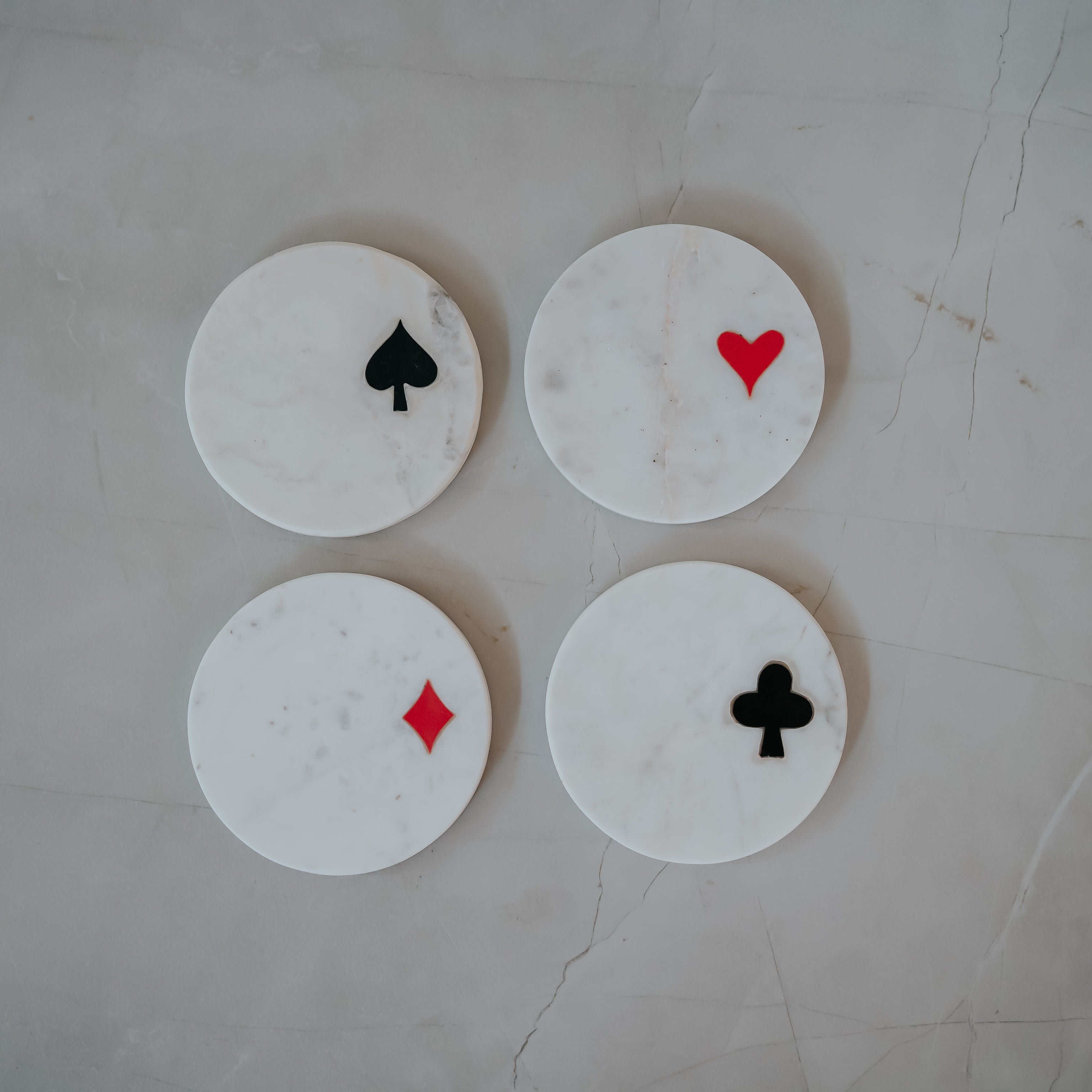 Exclusive Poker Coasters Set with Card Suit Inlay | White Marble | Set of 4 | Game Room Must-Have