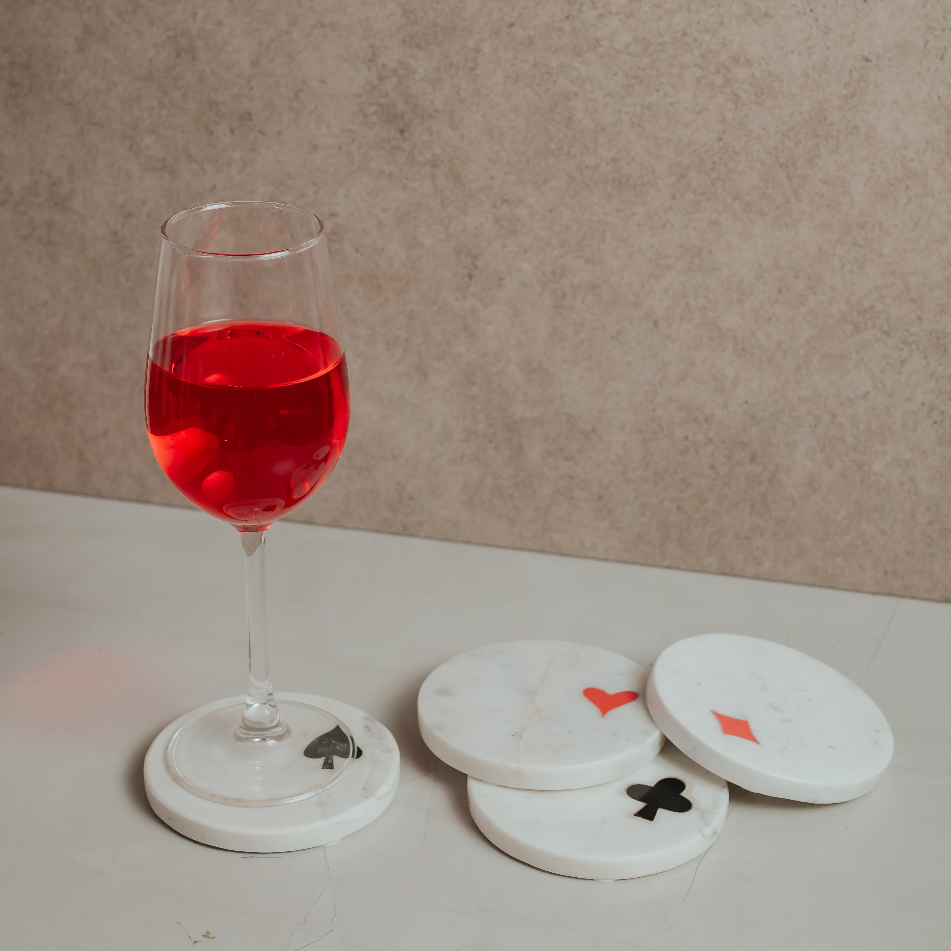 Exclusive Poker Coasters Set with Card Suit Inlay | White Marble | Set of 4 | Game Room Must-Have