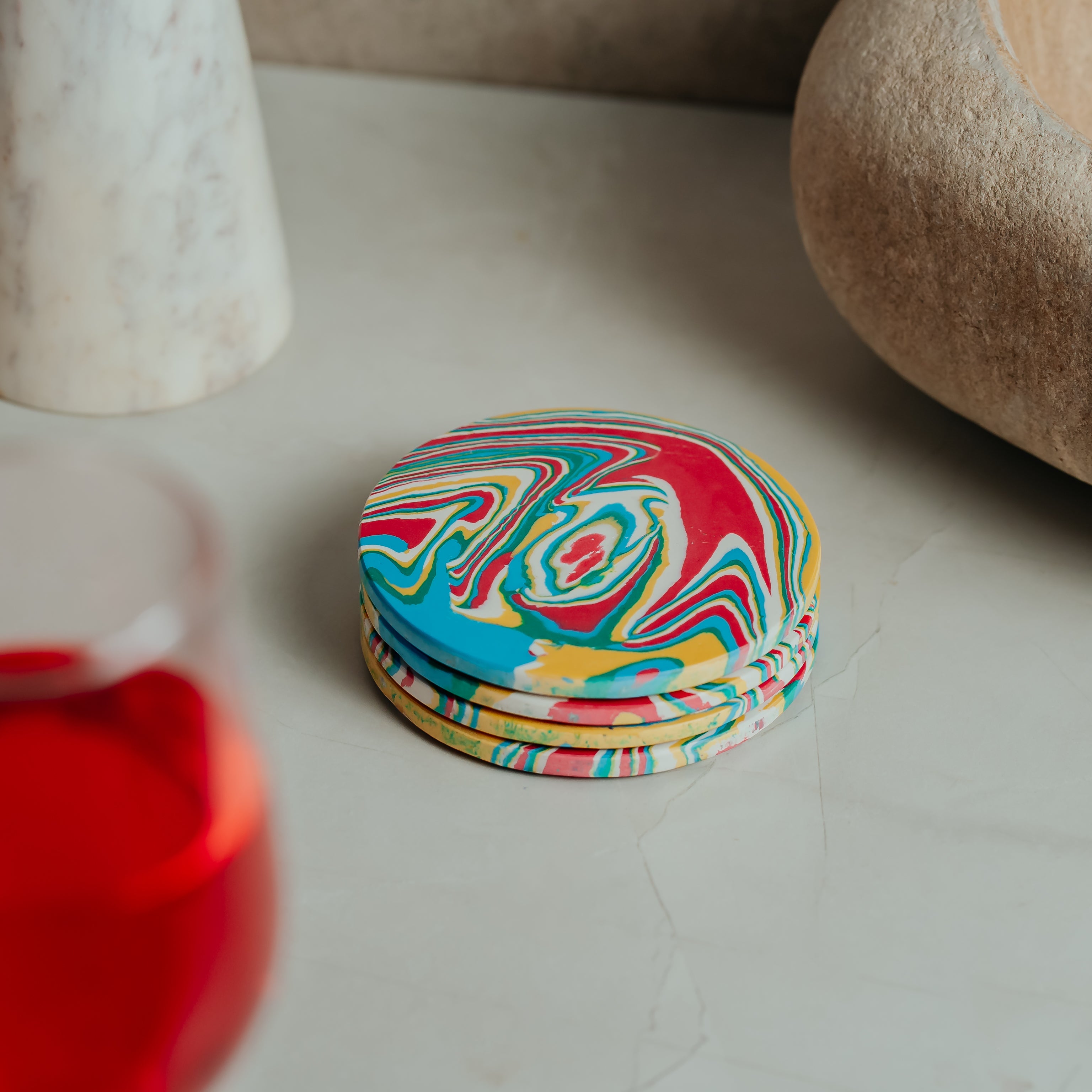 Vibrant Swirl Marble Coasters - Set of 4 | Colorful Resin Art for Home & Office