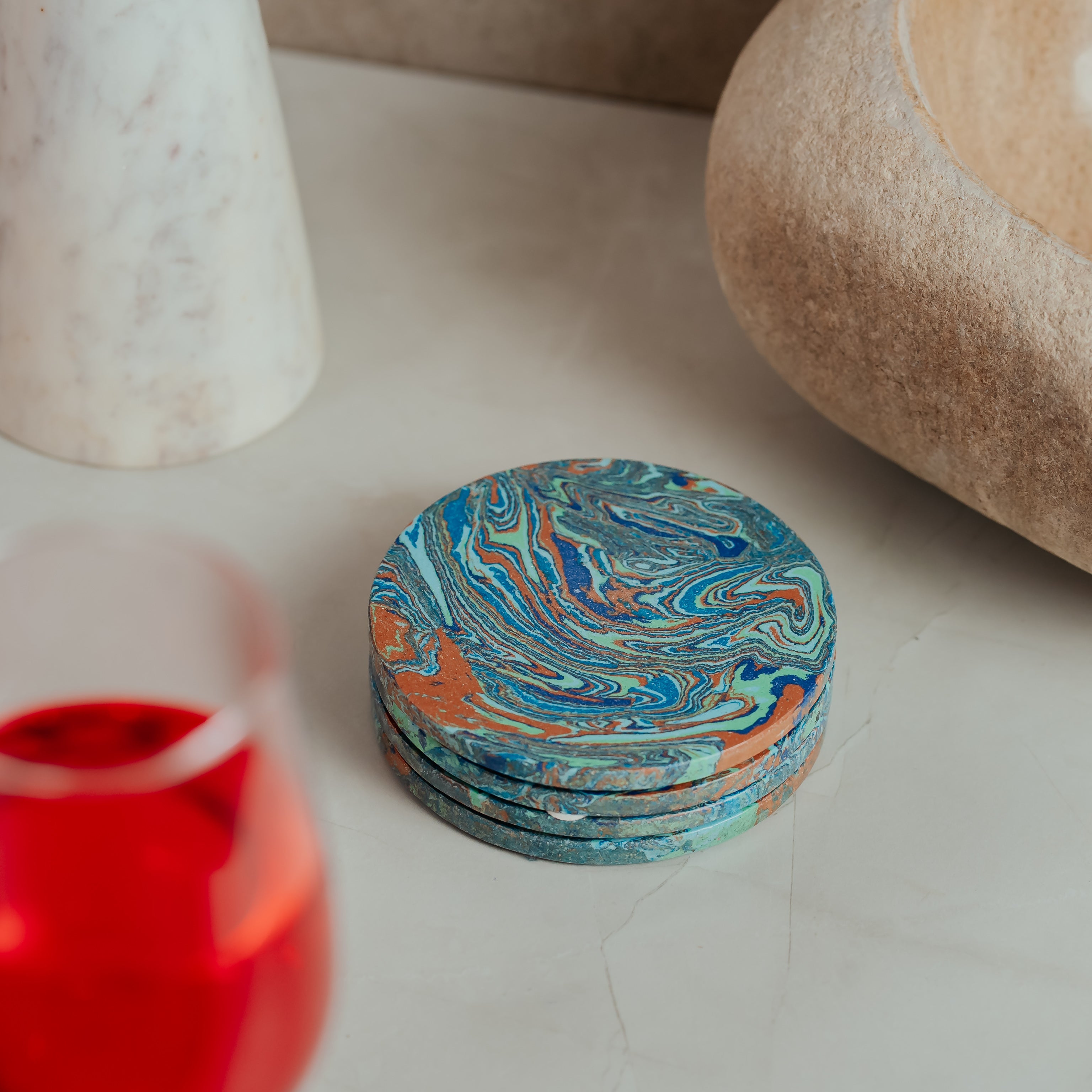 Artistic Teal Marble Coasters - Set of 4 | Luxe Home Décor Collection