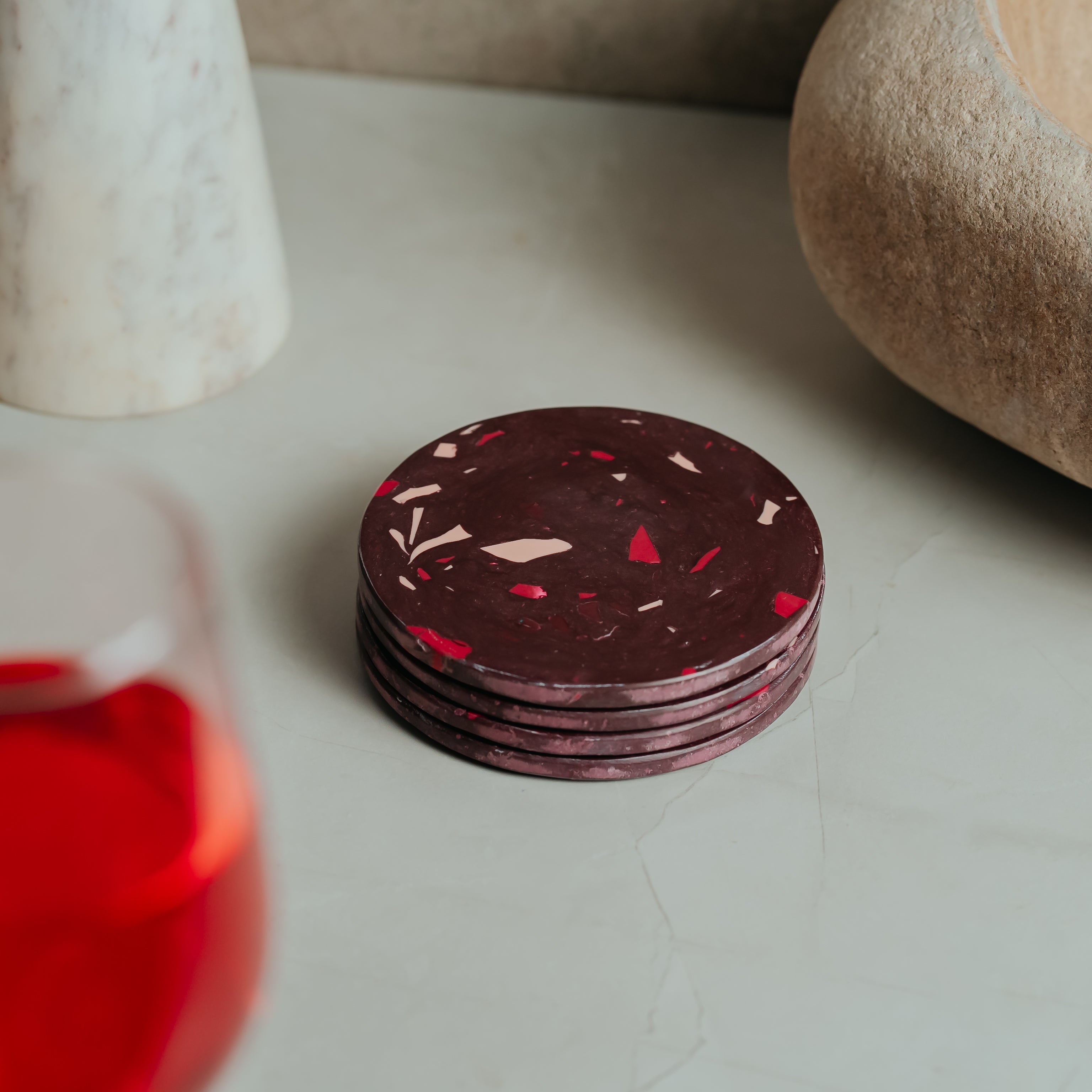 Elegant burgundy resin marble coaster with wine-toned stone pattern - sophisticated home decor for table protection
