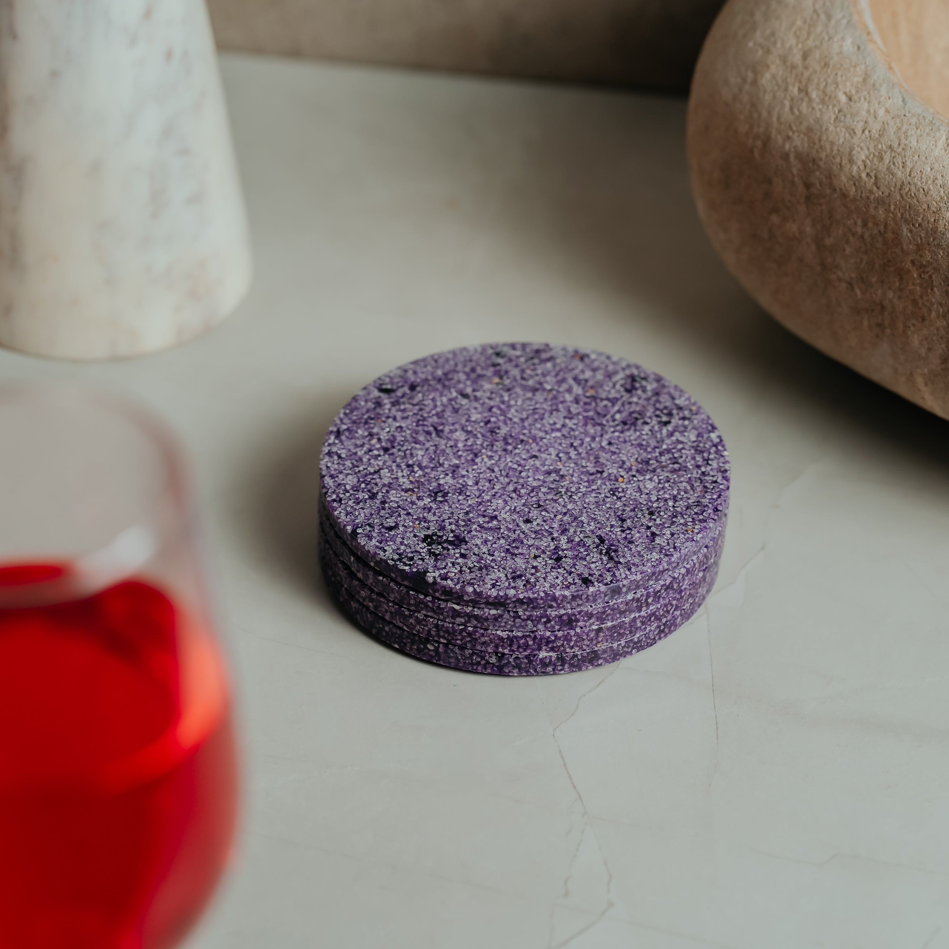 Purple luxe marble coaster set - artisan resin design with elegant veining pattern