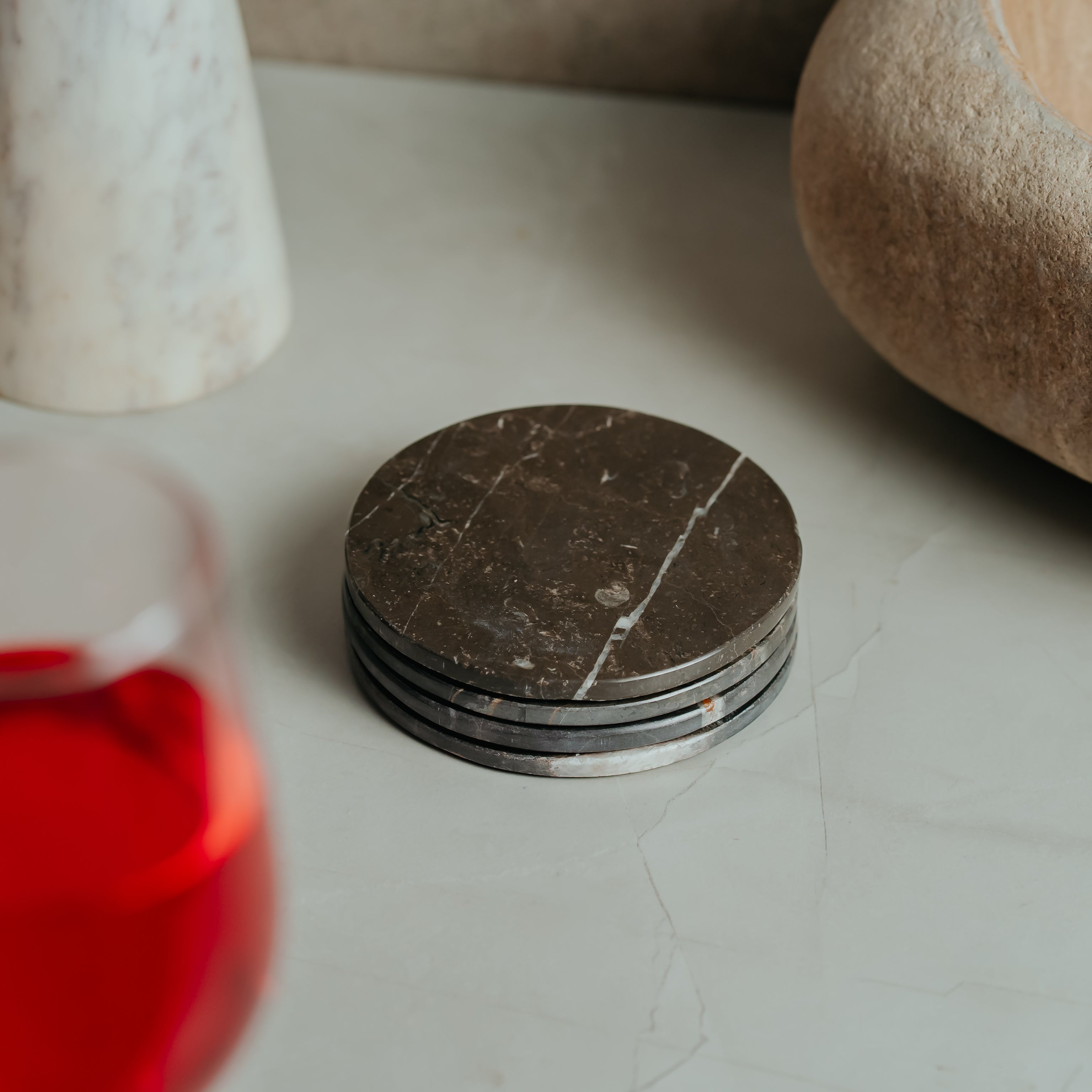 Artisan Italian Marble Coaster Set - Elegant Brown Stone Coasters (4 Pack)
