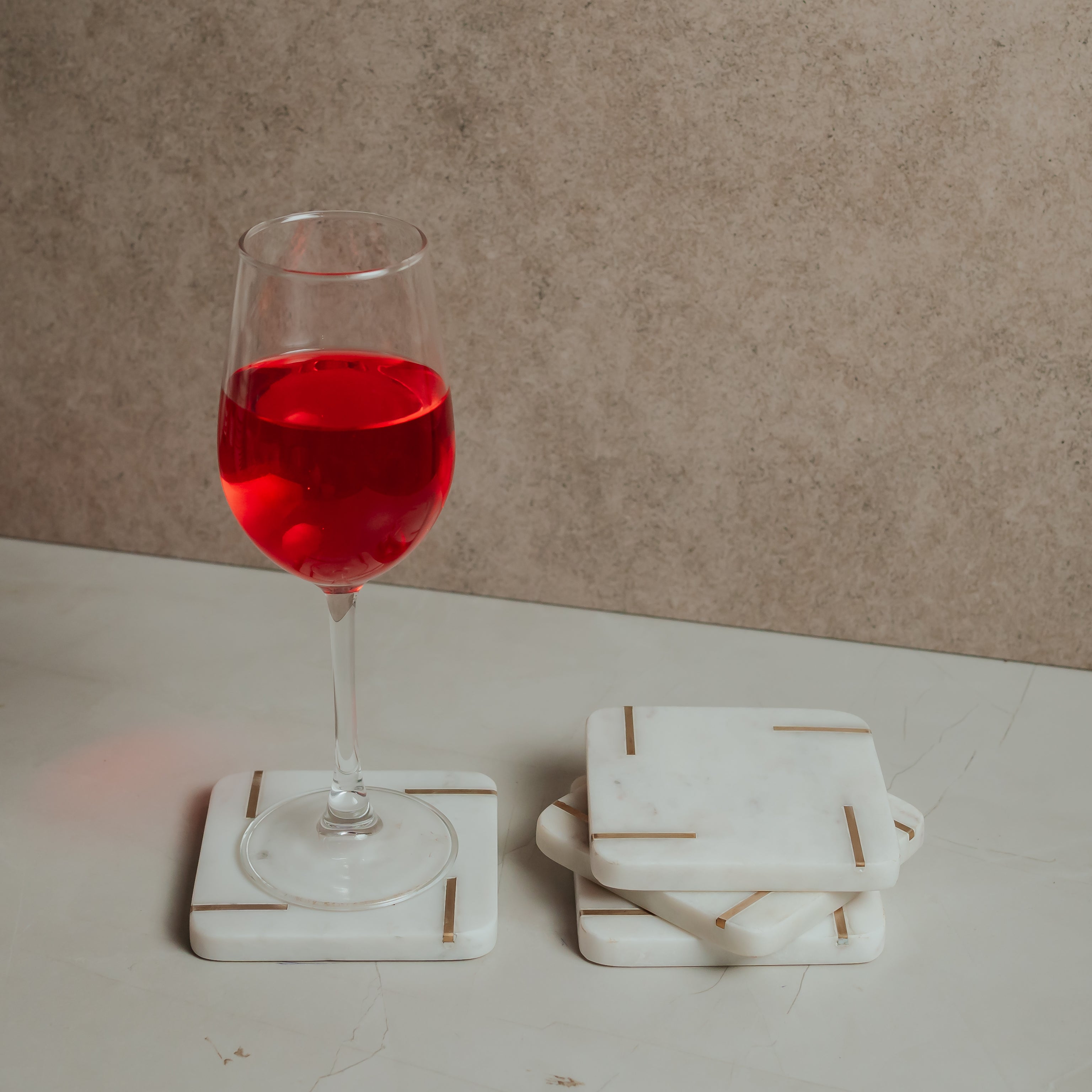 White Marble Square Coasters with Brass Edge Border | Set of 4