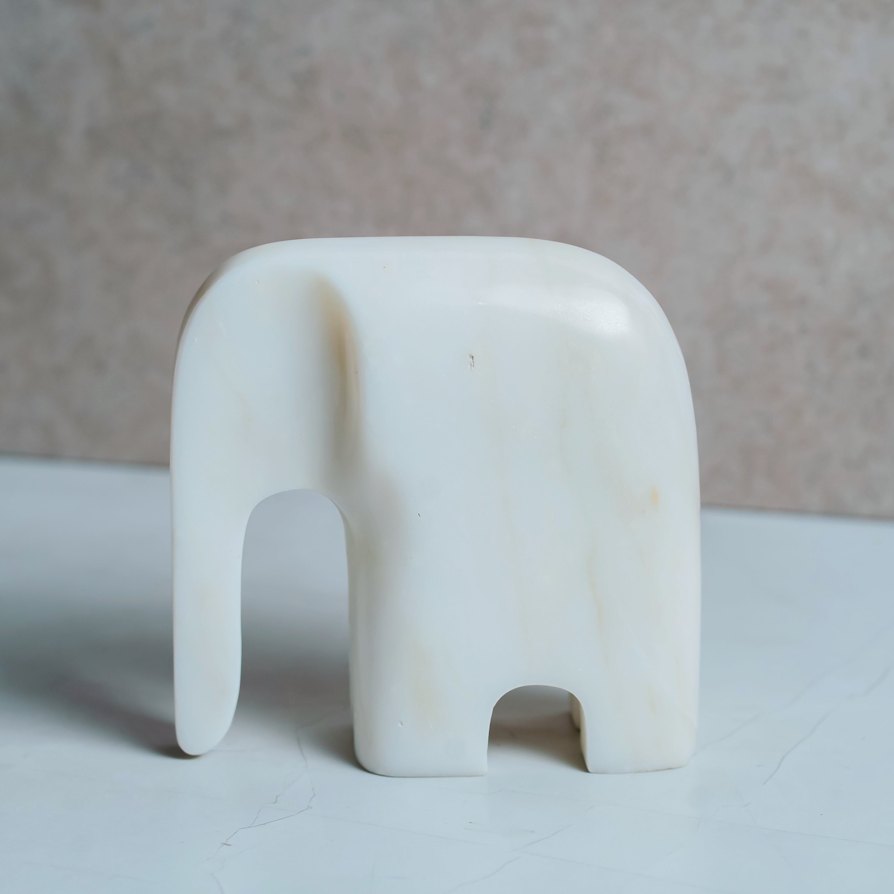 Hand-carved white marble elephant sculpture 6x6 inches - minimalist home decor
