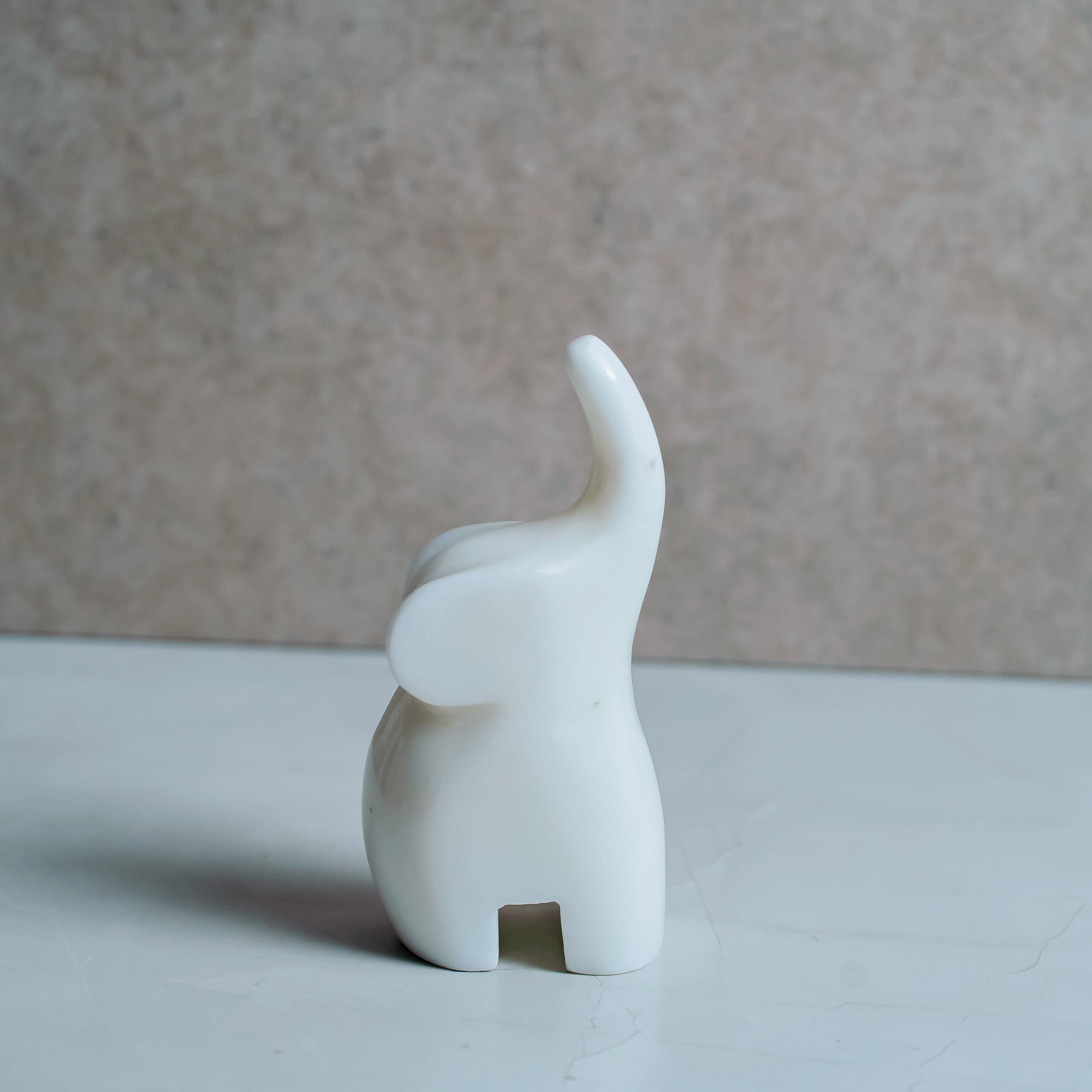 Hand-carved white marble elephant sculpture 6x6 inches - minimalist contemporary home decor art