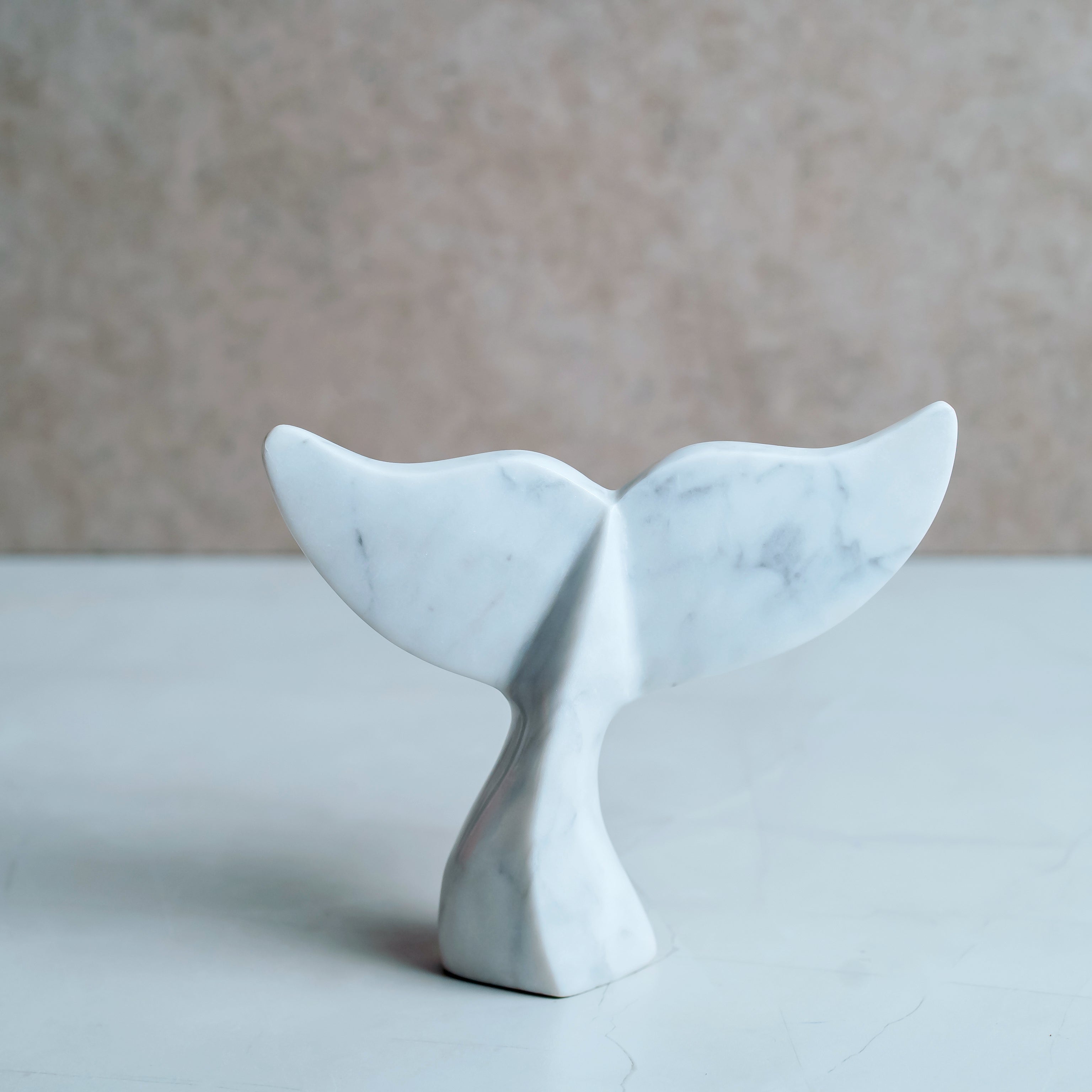 Hand-carved white marble fish tail sculpture 6x6 inches - contemporary aquatic home decor
