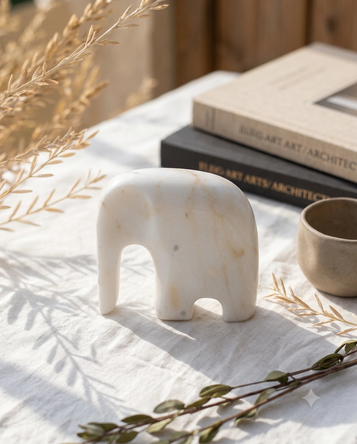 White elephant sculpture with a downward trunk styled on light fabric beside books and a cup.