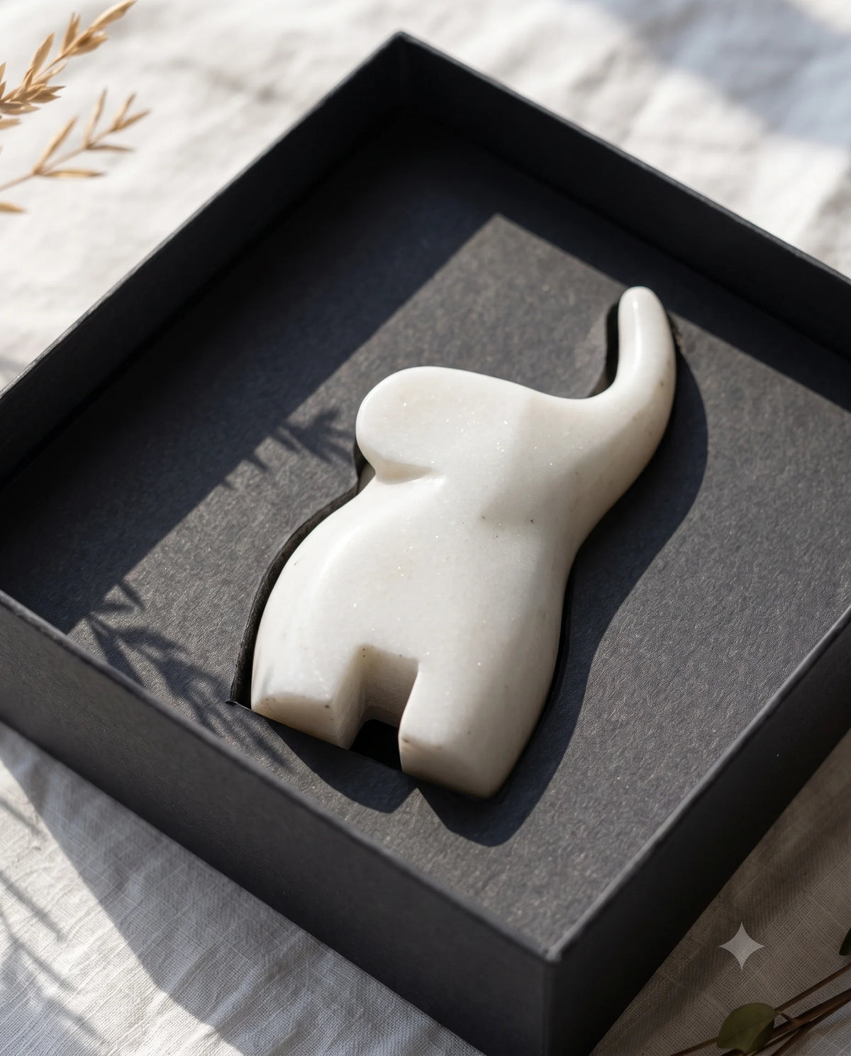 Close view of the white raised-trunk elephant silhouette within black presentation packaging.