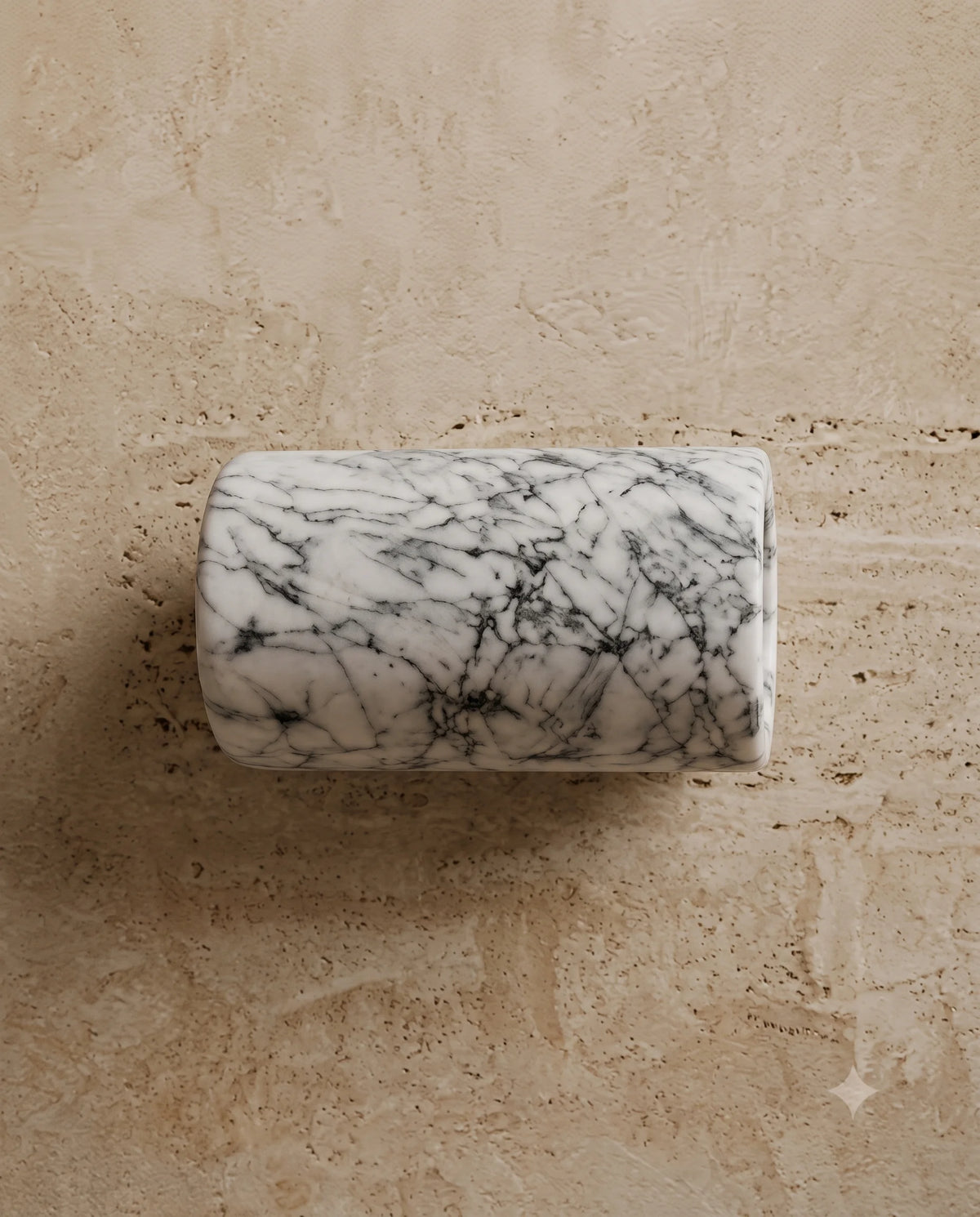 White cylinder lying horizontally on a light surface, showing a network of dark branching veins.
