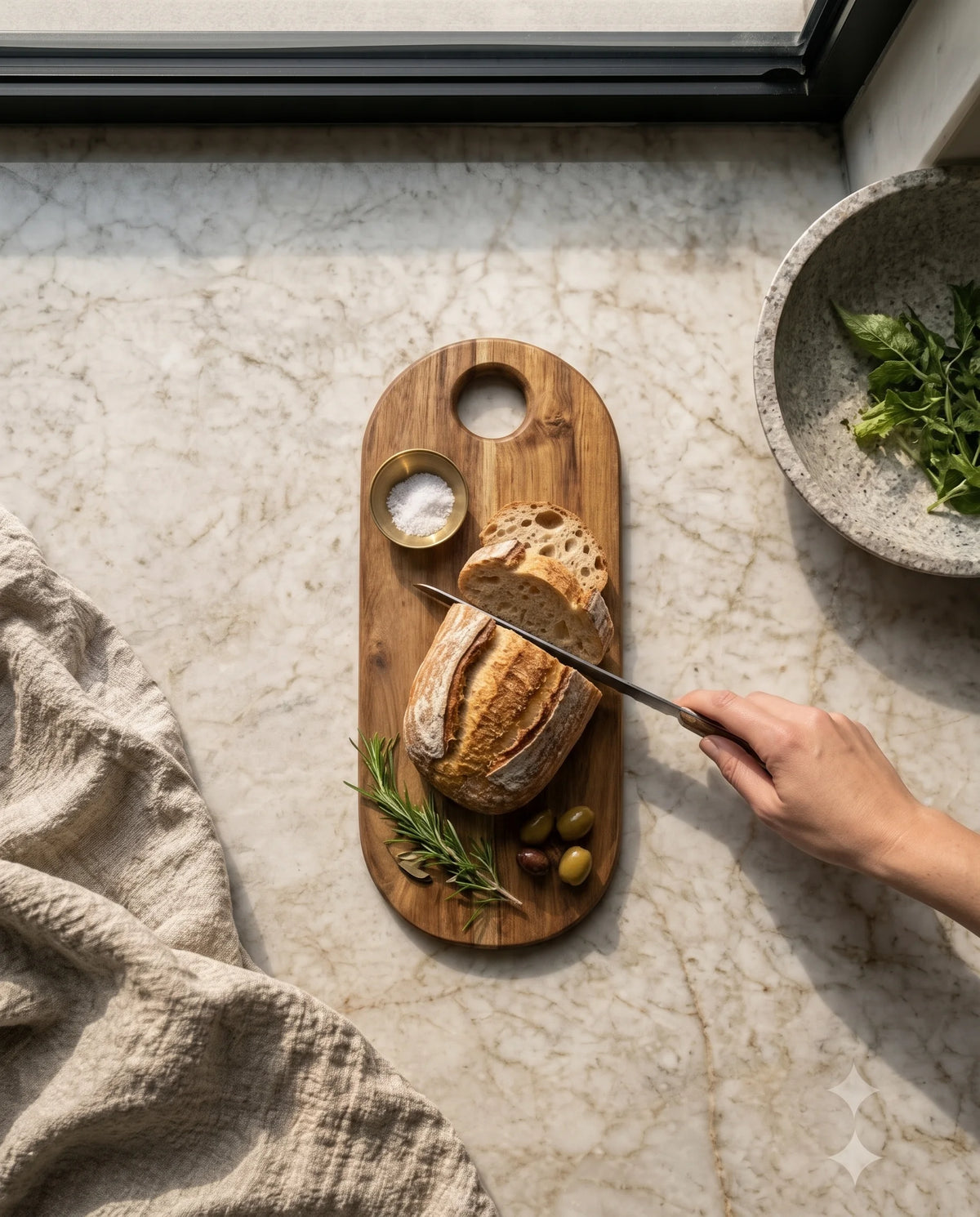 Brown capsule-shaped board styled with sliced bread, rosemary and olives while a hand holds a knife.