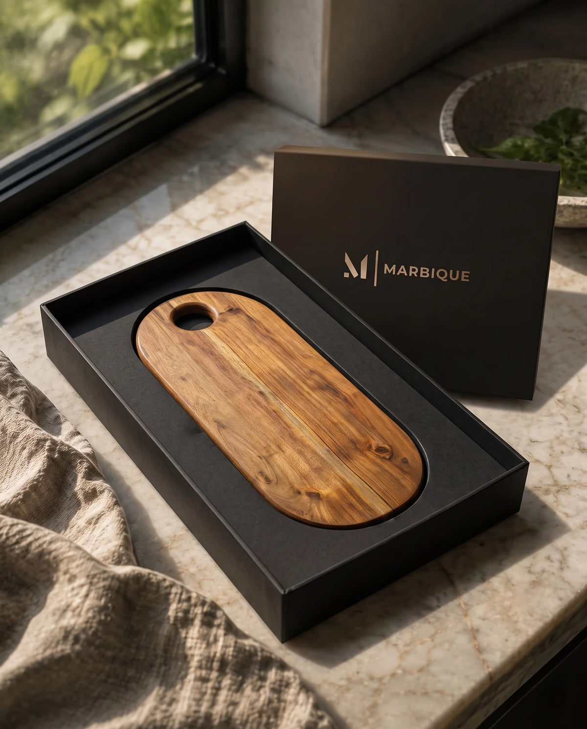 Brown rounded-end board with a circular hole displayed inside a black Marbique box.