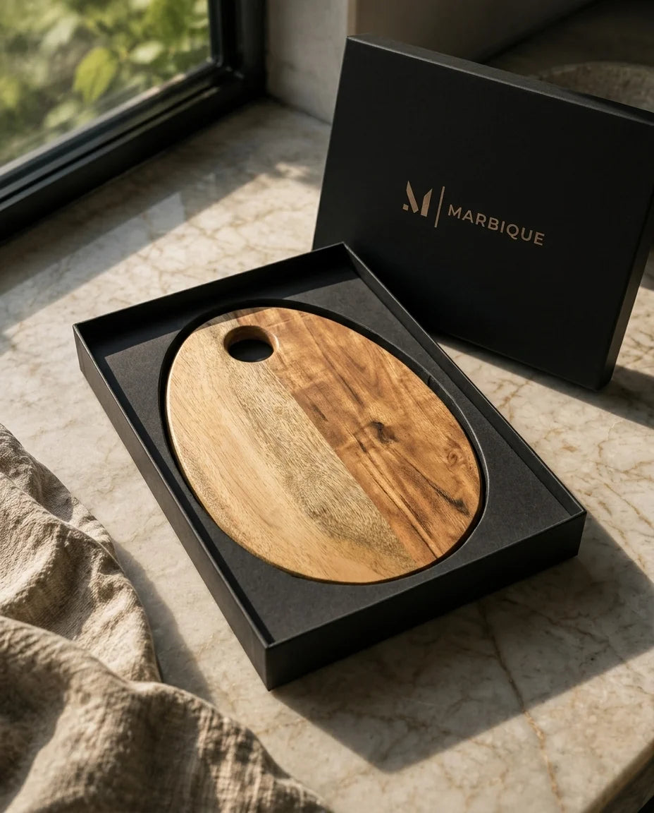 Two-tone oval brown board with a circular opening inside an open black Marbique box.