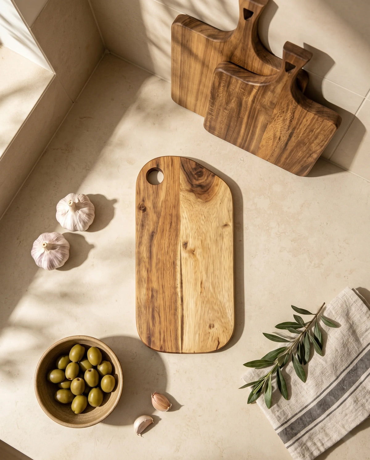 Overhead view of the rounded rectangular board beside garlic, olives, fabric and two other boards.